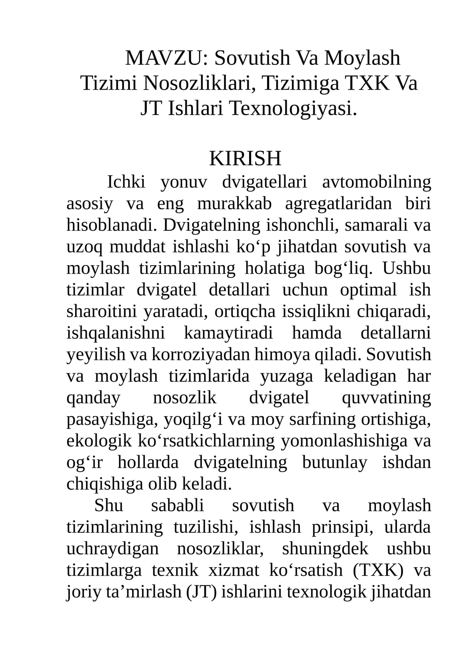Sovutish Va Moylash Tizimi Nosozliklari, Tizimiga TXK Va JT Ishlari Texnologiyasi
