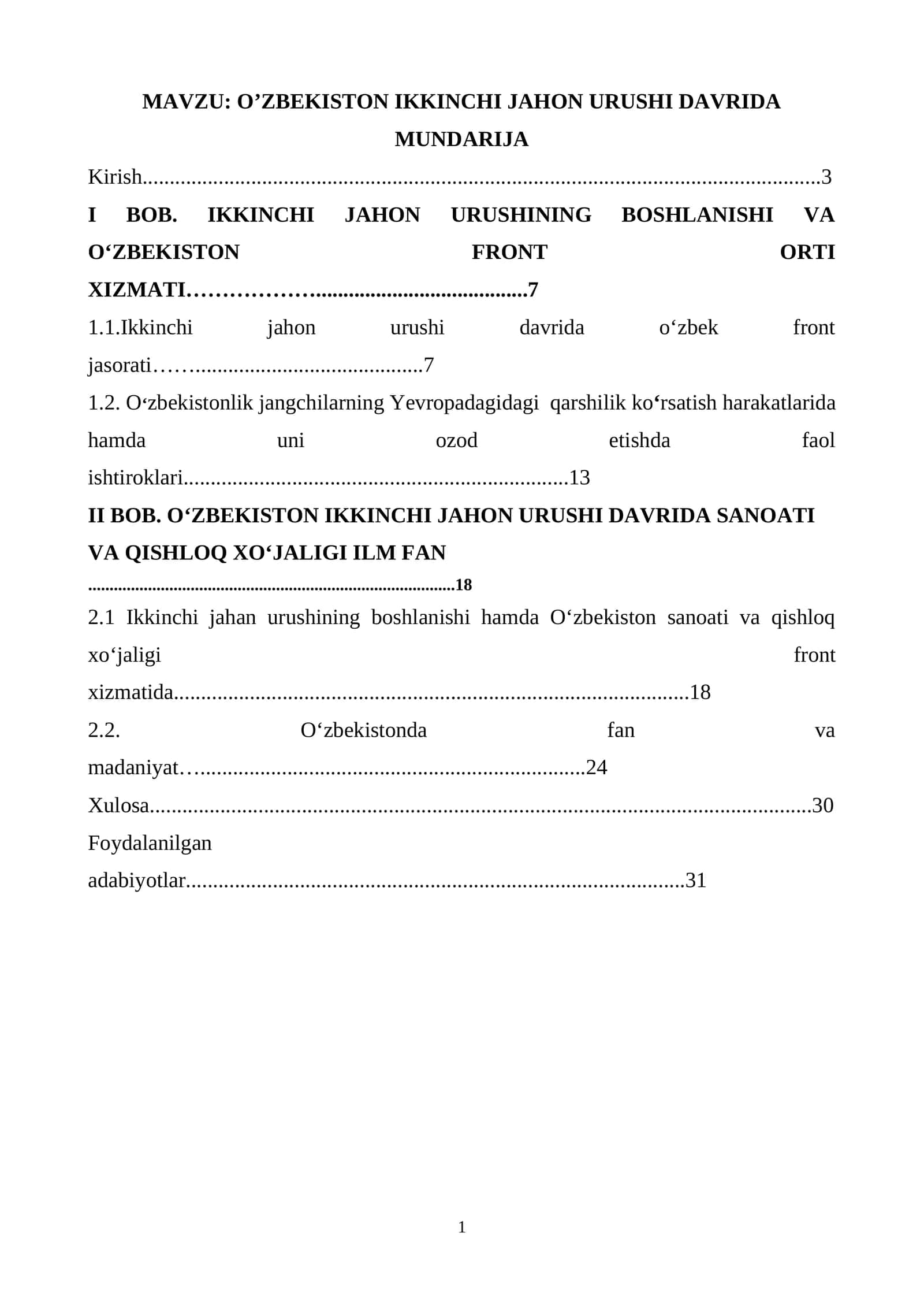 O’ZBEKISTON IKKINCHI JAHON URUSHI DAVRIDA