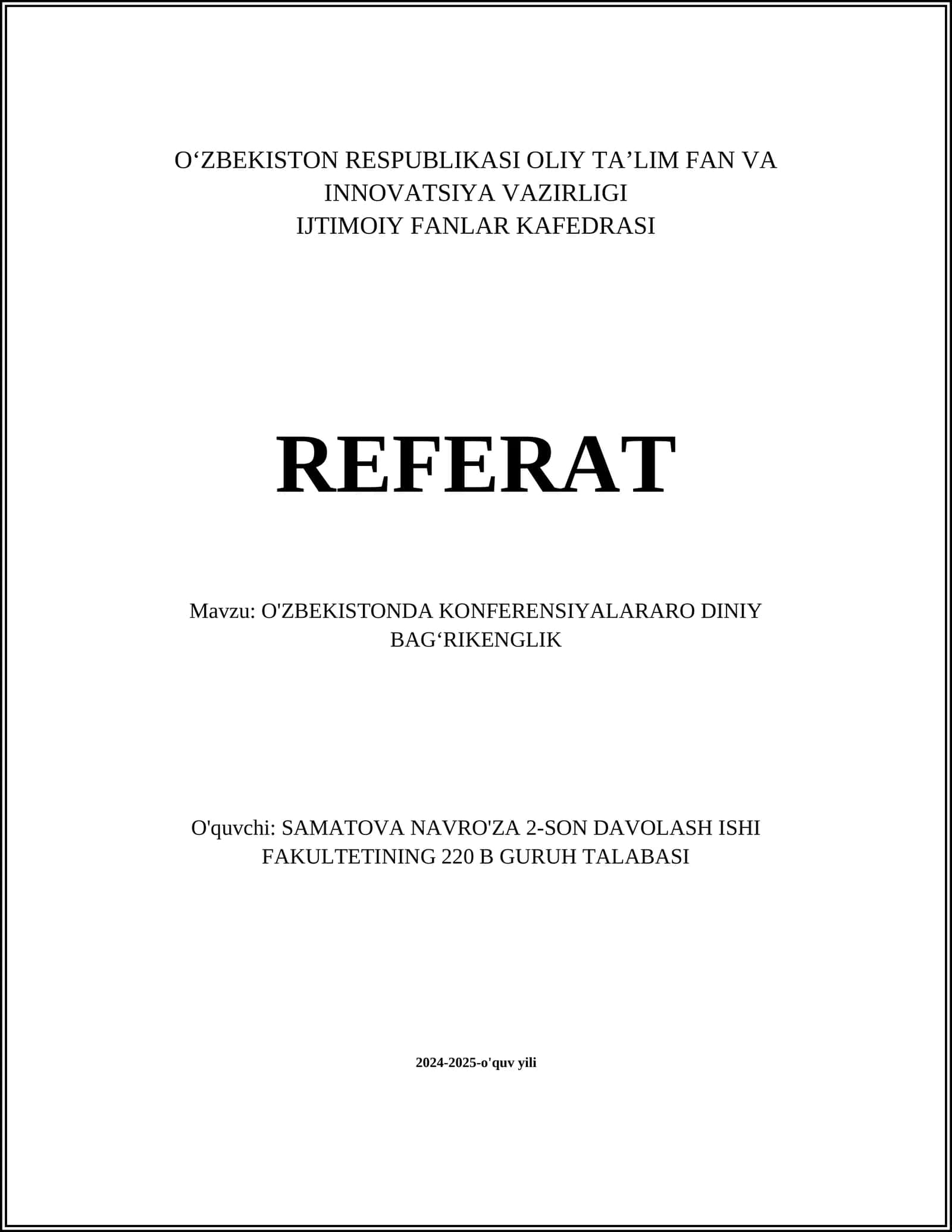 O'ZBEKISTONDA KONFERENSIYALARARO DINIY BAGʻRIKENGLIK