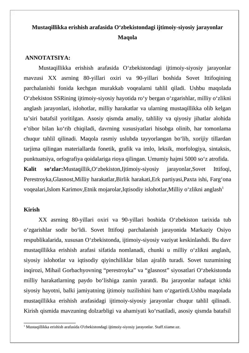 Mustaqillikka erishish arafasida O‘zbekistondagi ijtimoiy-siyosiy jarayonlar