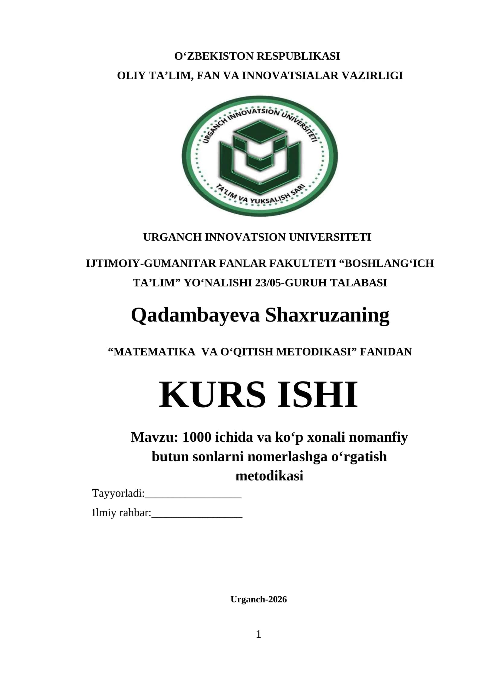 MATEMATIKA VA O‘QITISH METODIKASI FANIDAN KURS ISHI