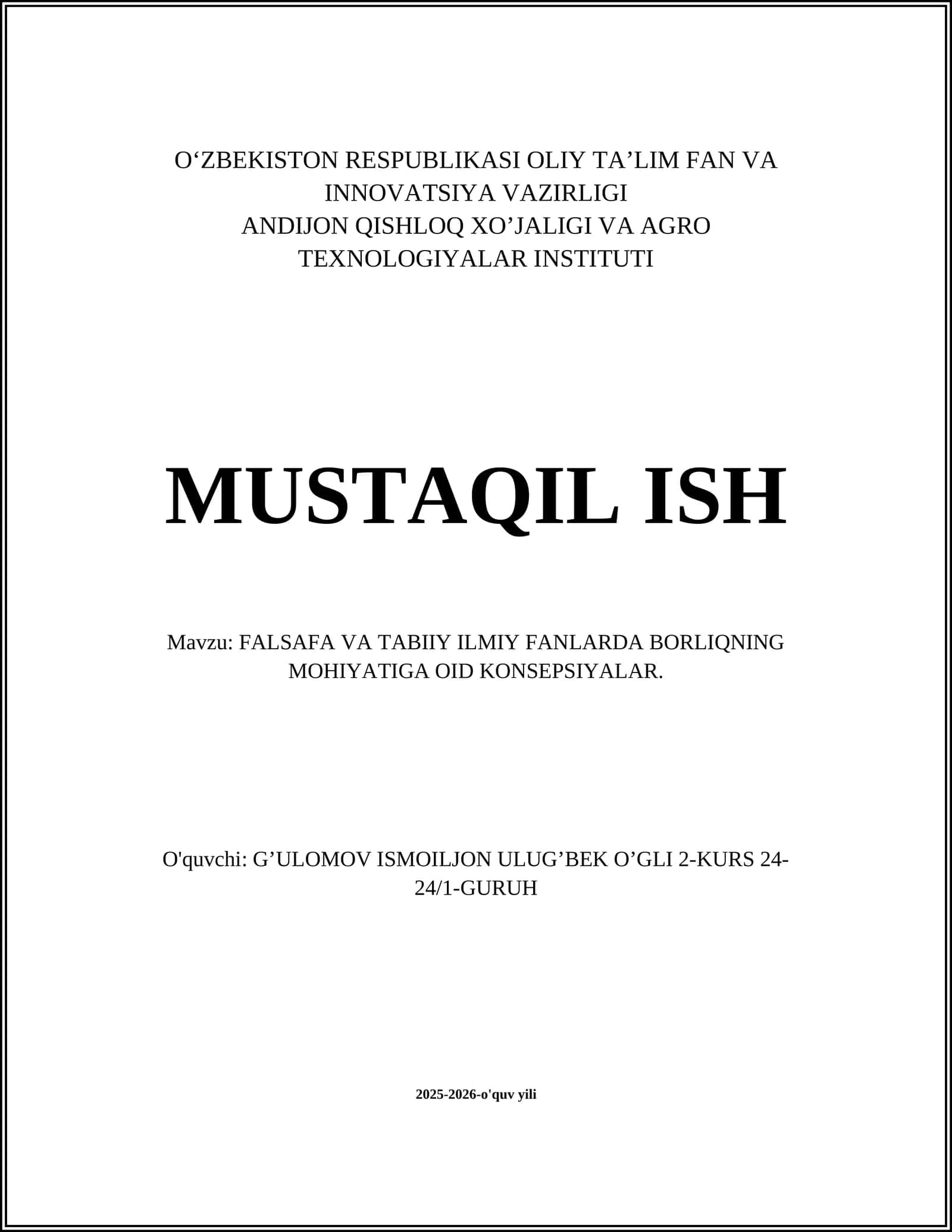 FALSAFA VA TABIIY ILMIY FANLARDA BORLIQNING MOHIYATIGA OID KONSEPSIYALAR