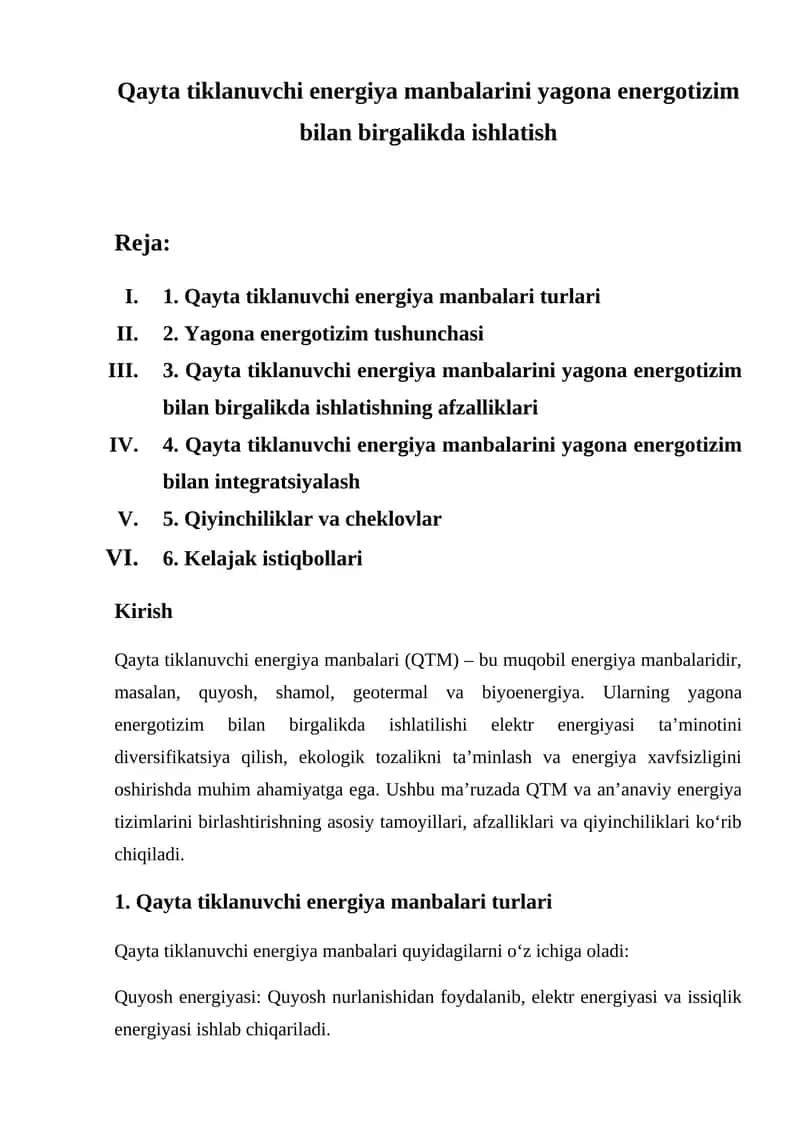 Qayta tiklanuvchi energiya manbalarini yagona energotizim bilan birgalikda ishlatish