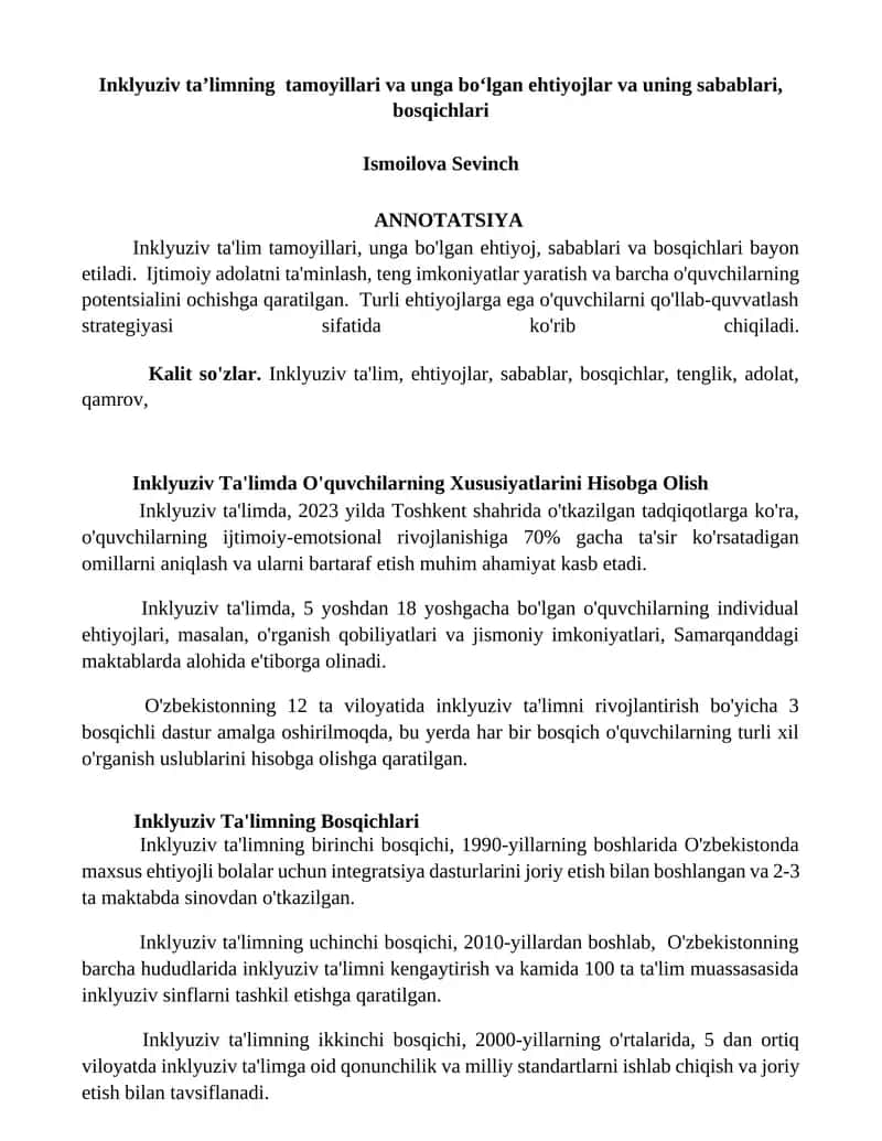 Inklyuziv Ta'lim va uning bosqichlari