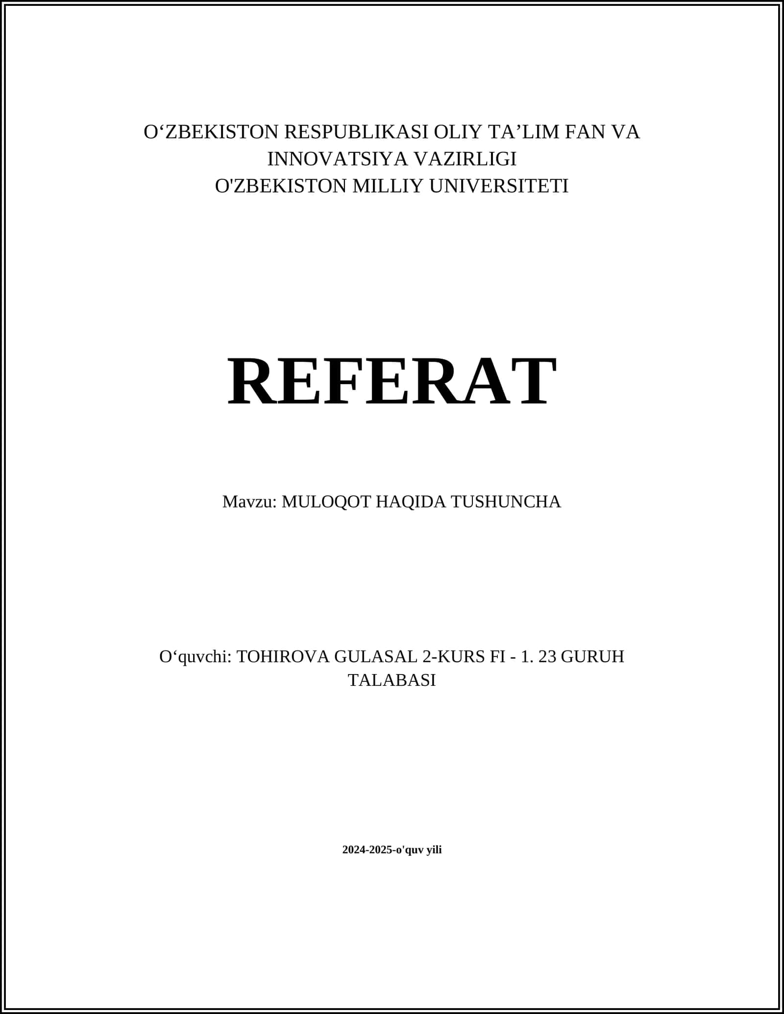 MULOQOT HAQIDA TUSHUNCHA