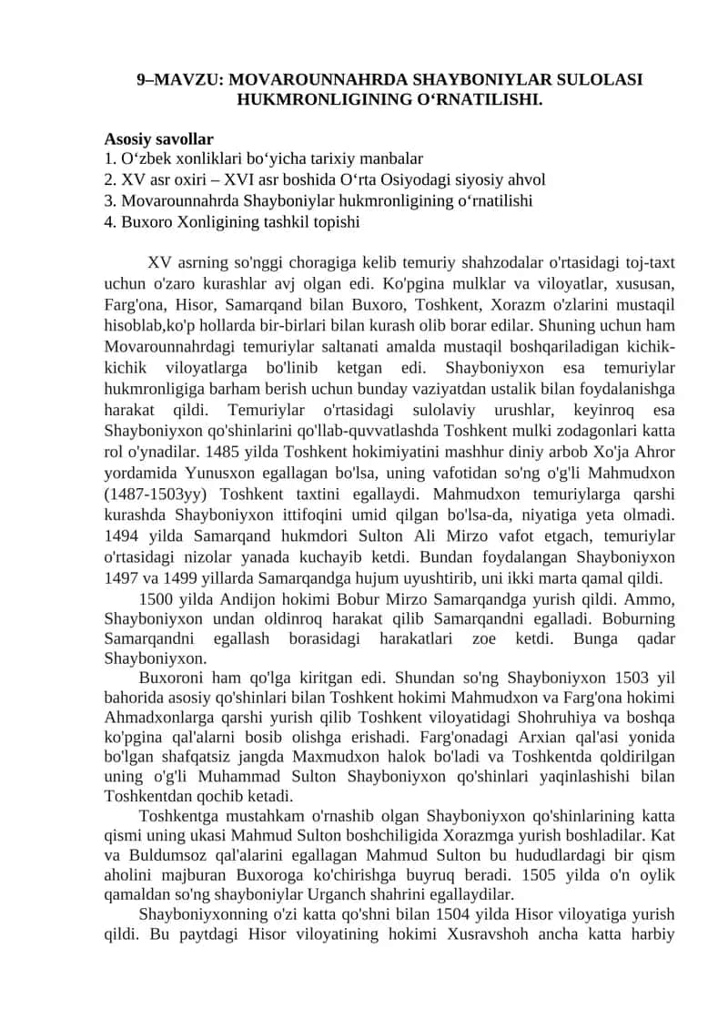 MOVAROUNNAHRDA SHAYBONIYLAR SULOLASI HUKMRONLIGINING O'RNATILISHI