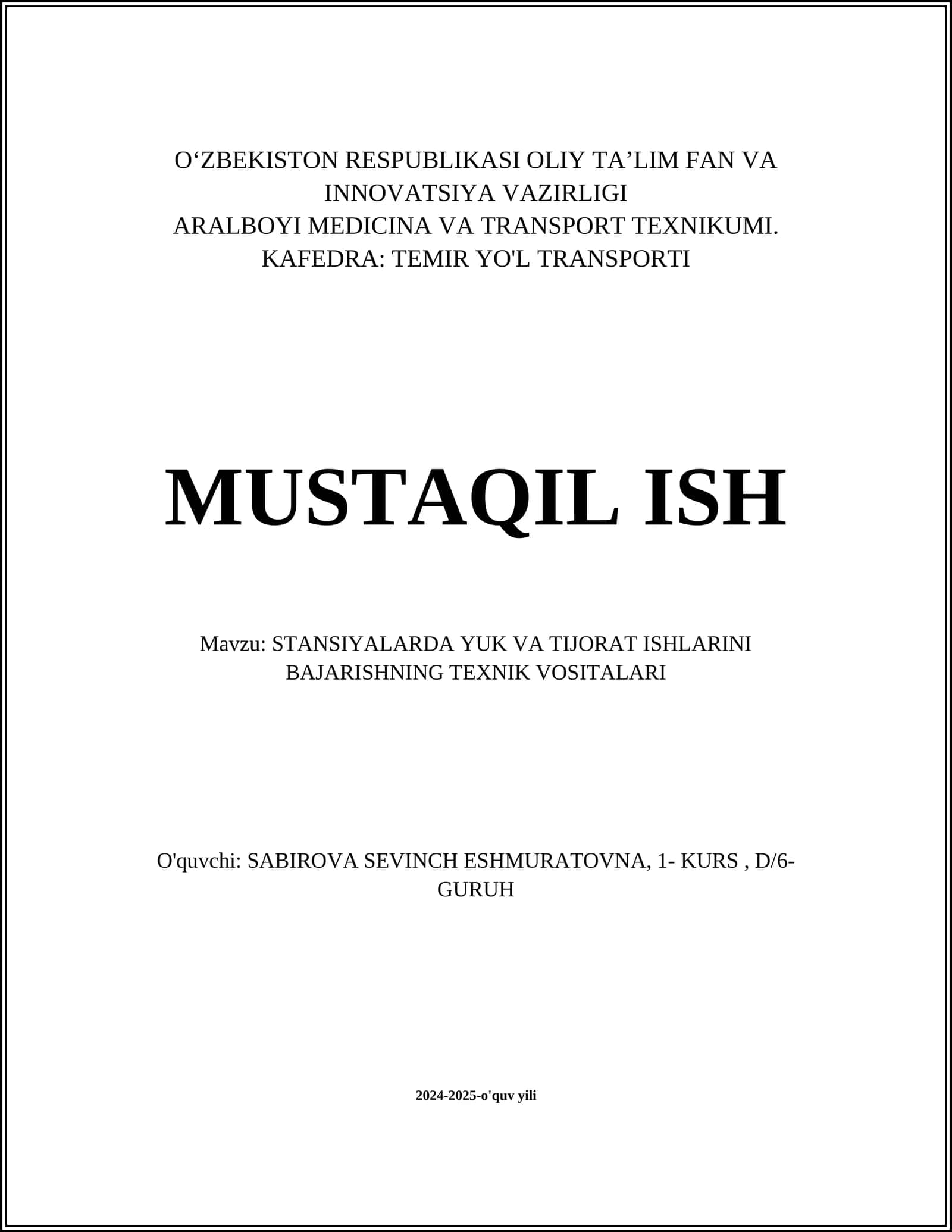 STANSIYALARDA YUK VA TIJORAT ISHLARINI BAJARISHNING TEXNIK VOSITALARI