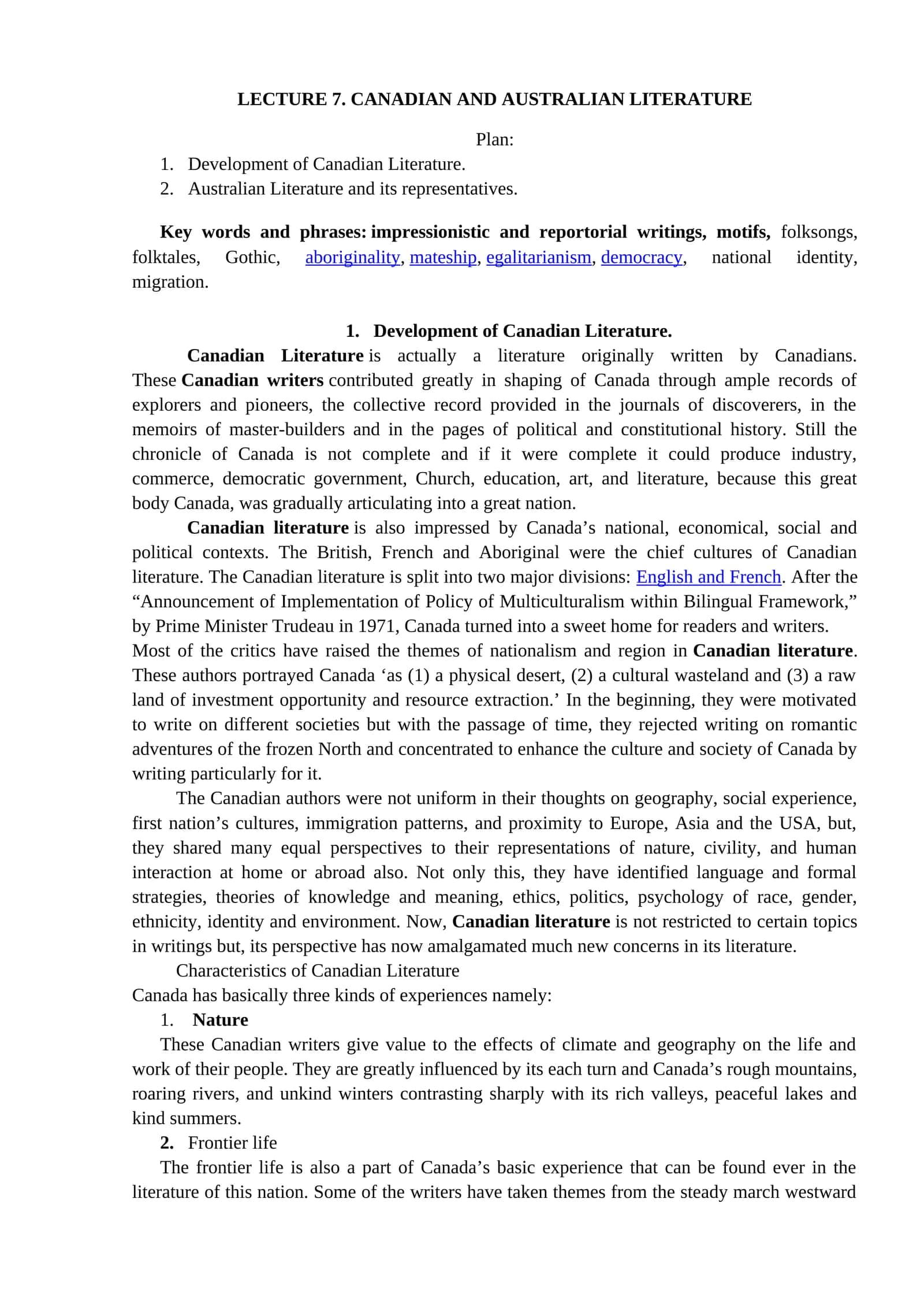 LECTURE 7. CANADIAN AND AUSTRALIAN LITERATURE