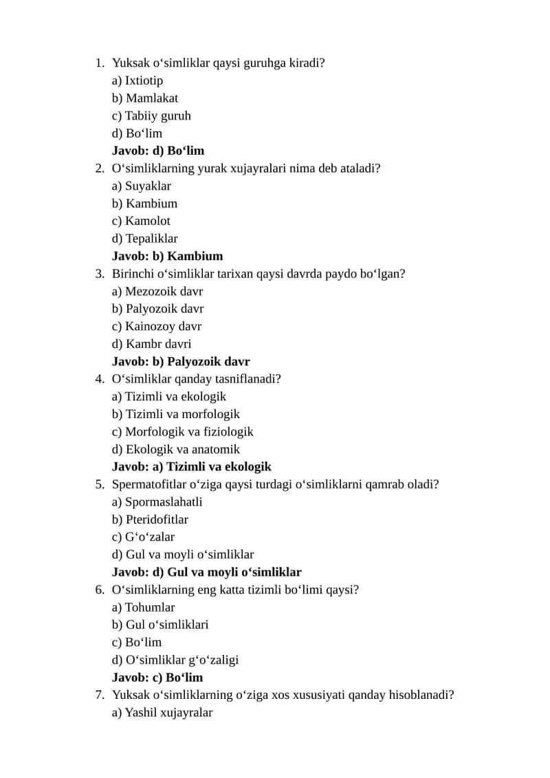 test yuksak osimliklar 50ta javobi bilan