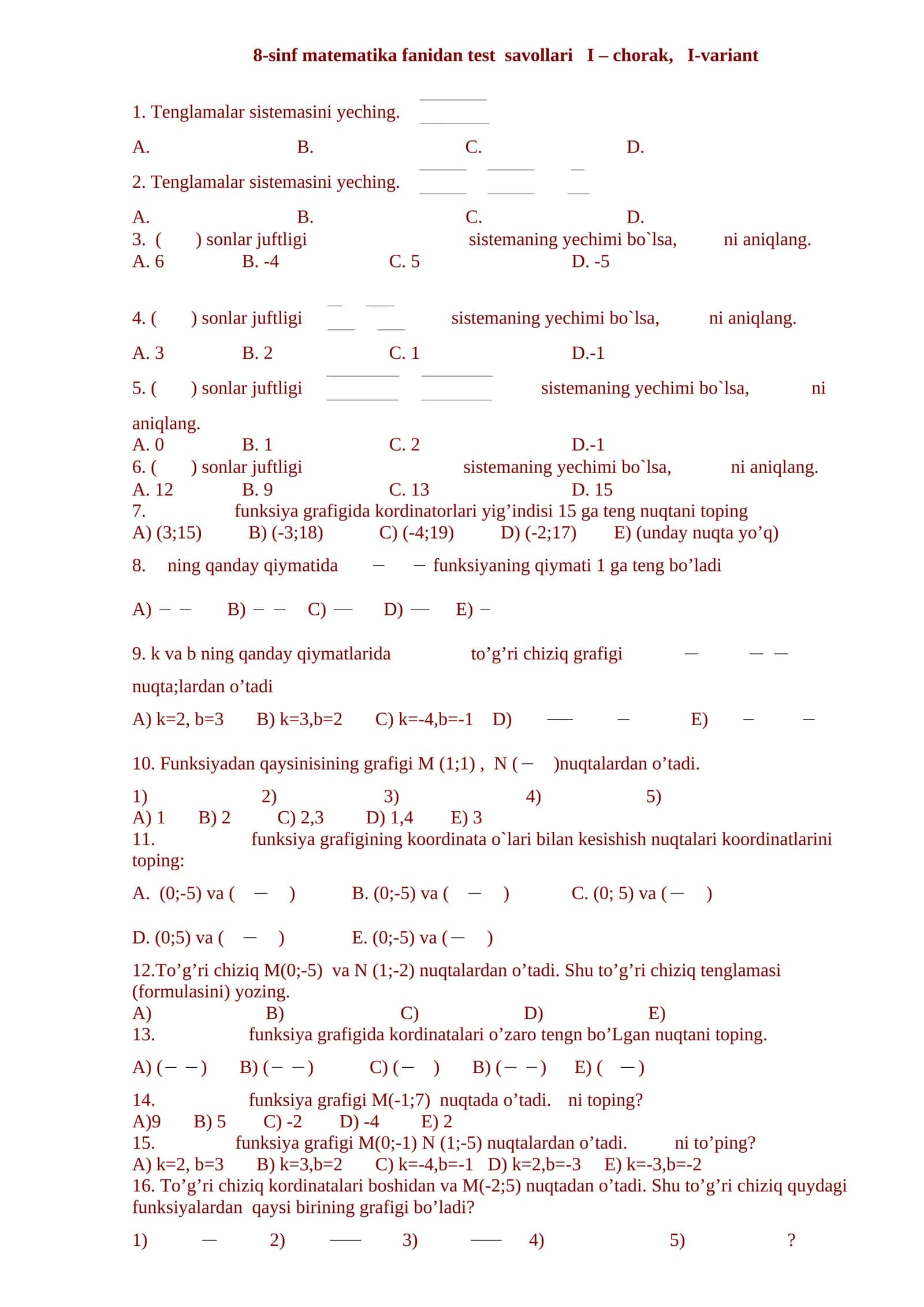 8-sinf matematika fanidan test savollari I – chorak, I-variant