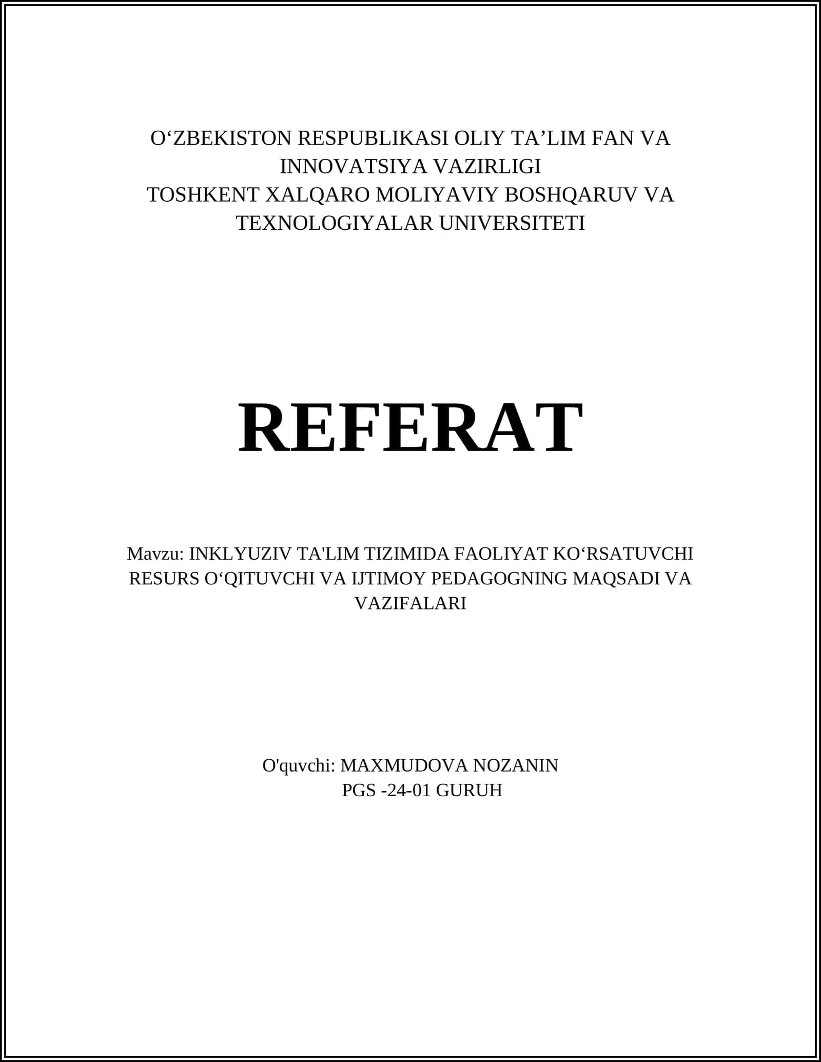 INKLYUZIV TA'LIM TIZIMIDA FAOLIYAT KO'RSATUVCHI RESURS O'QITUVCHI VA IJTIMOY PEDAGOGNING MAQSADI VA VAZIFALARI