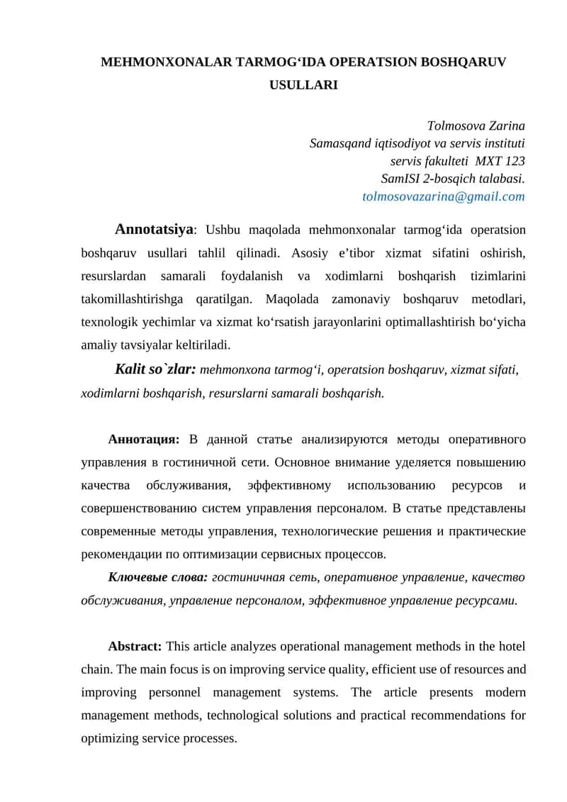 Mehmonxonalatarmogʻida operatsion boshqaruv usullari