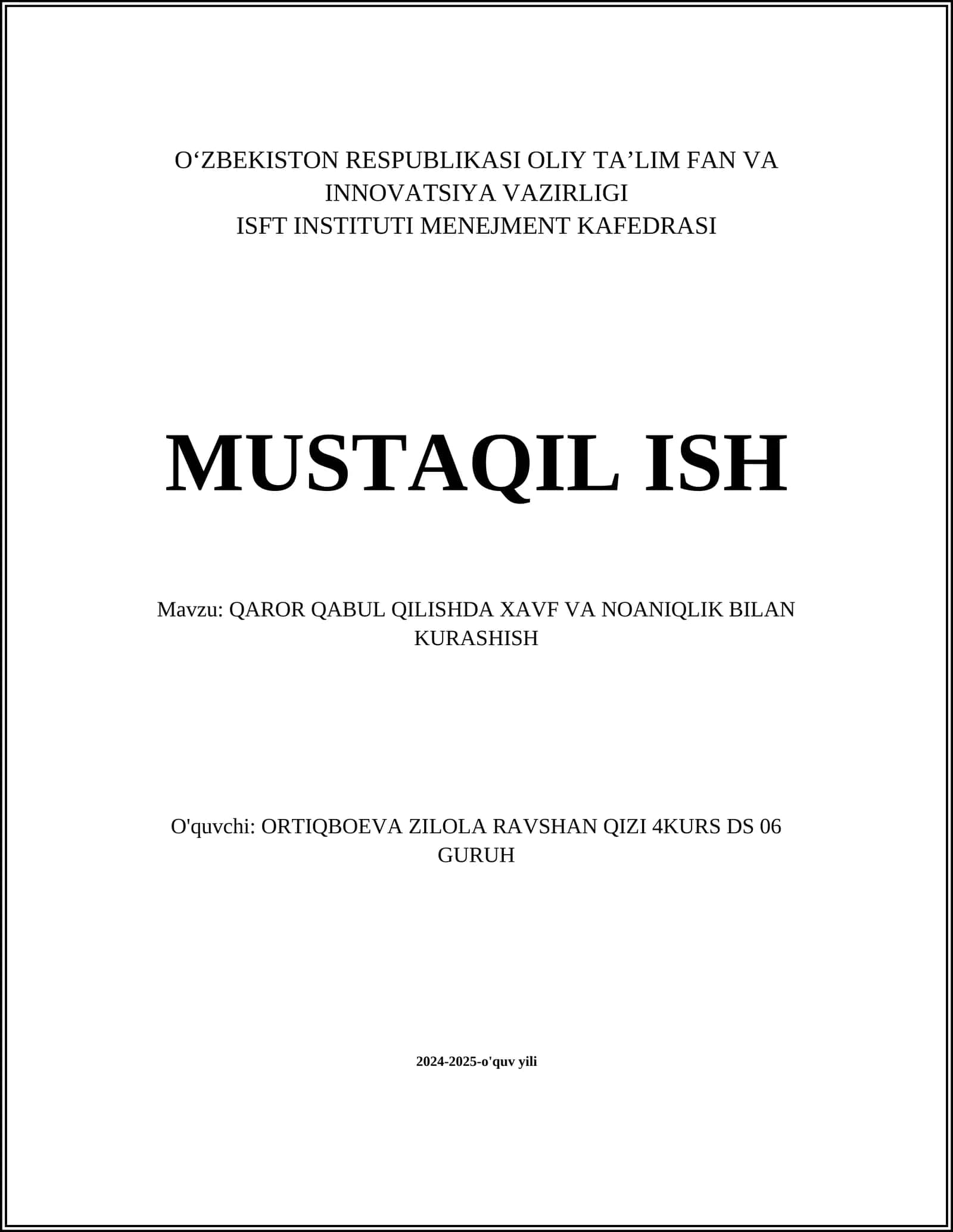 QAROR QABUL QILISHDA XAVF VA NOANIQLIK BILAN KURASHISH