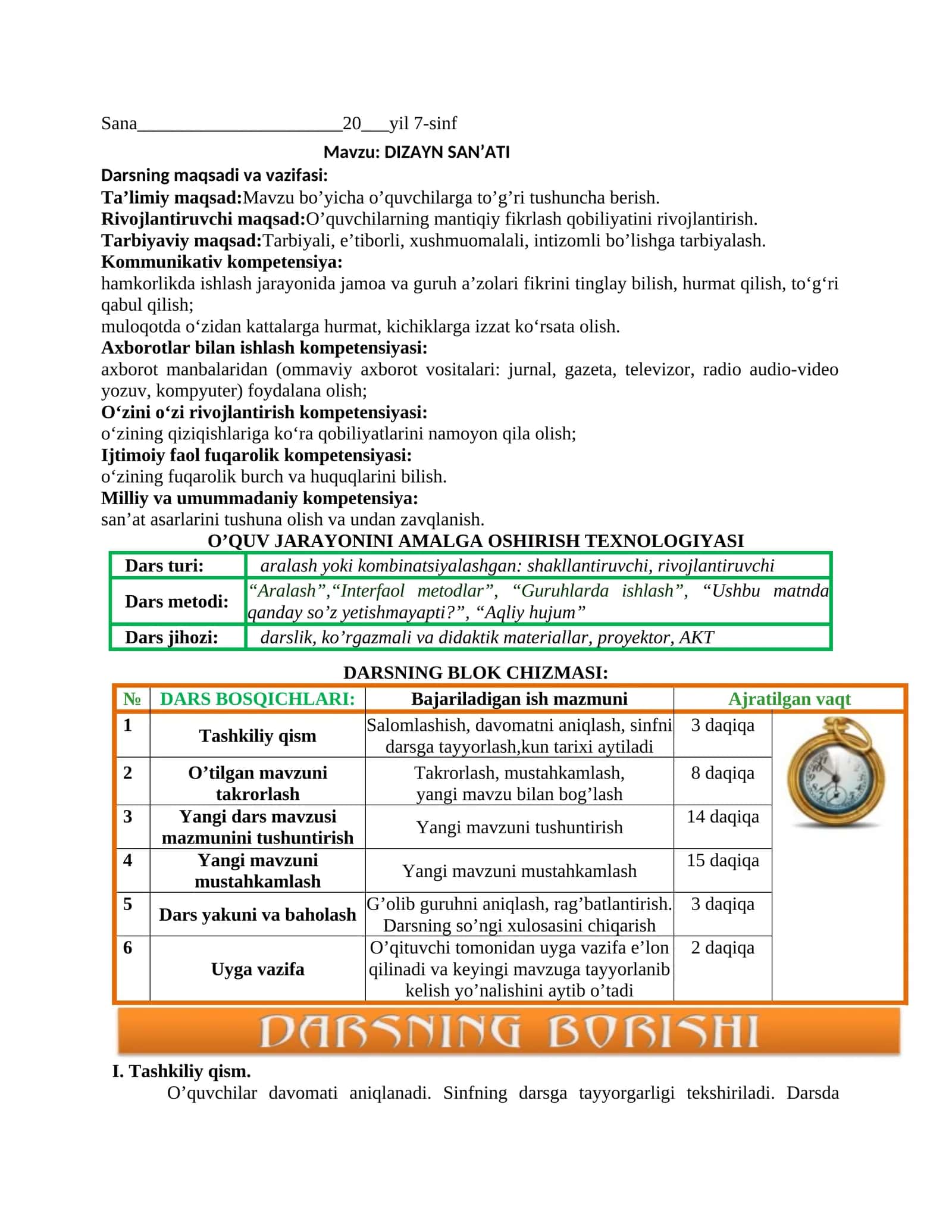 7-sinf Tasviriy san'at Dizayn san'ati mavzusida dars ishlanma