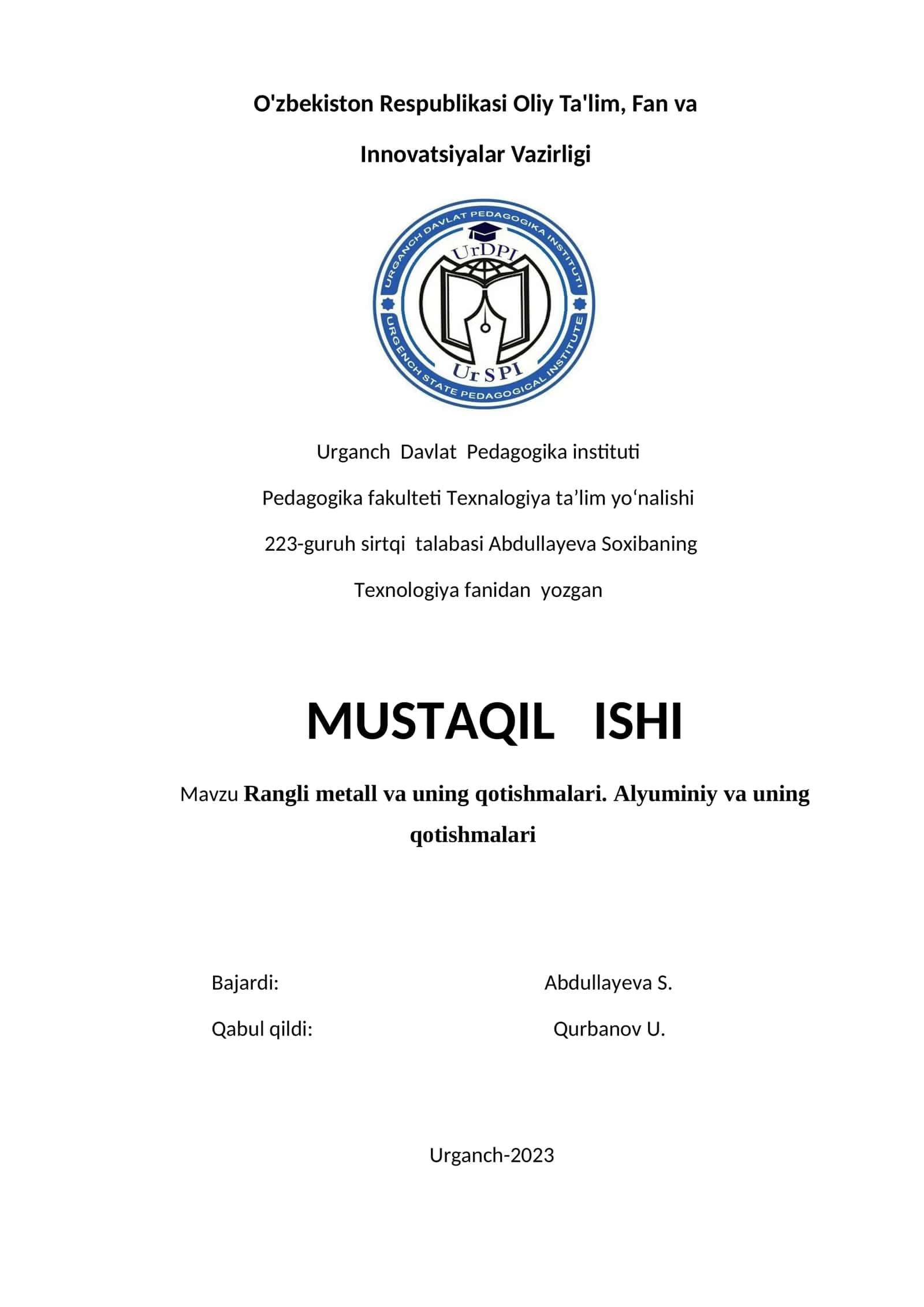 Rangli metall va uning qotishmalari. Alyuminiy va uning qotishmalari