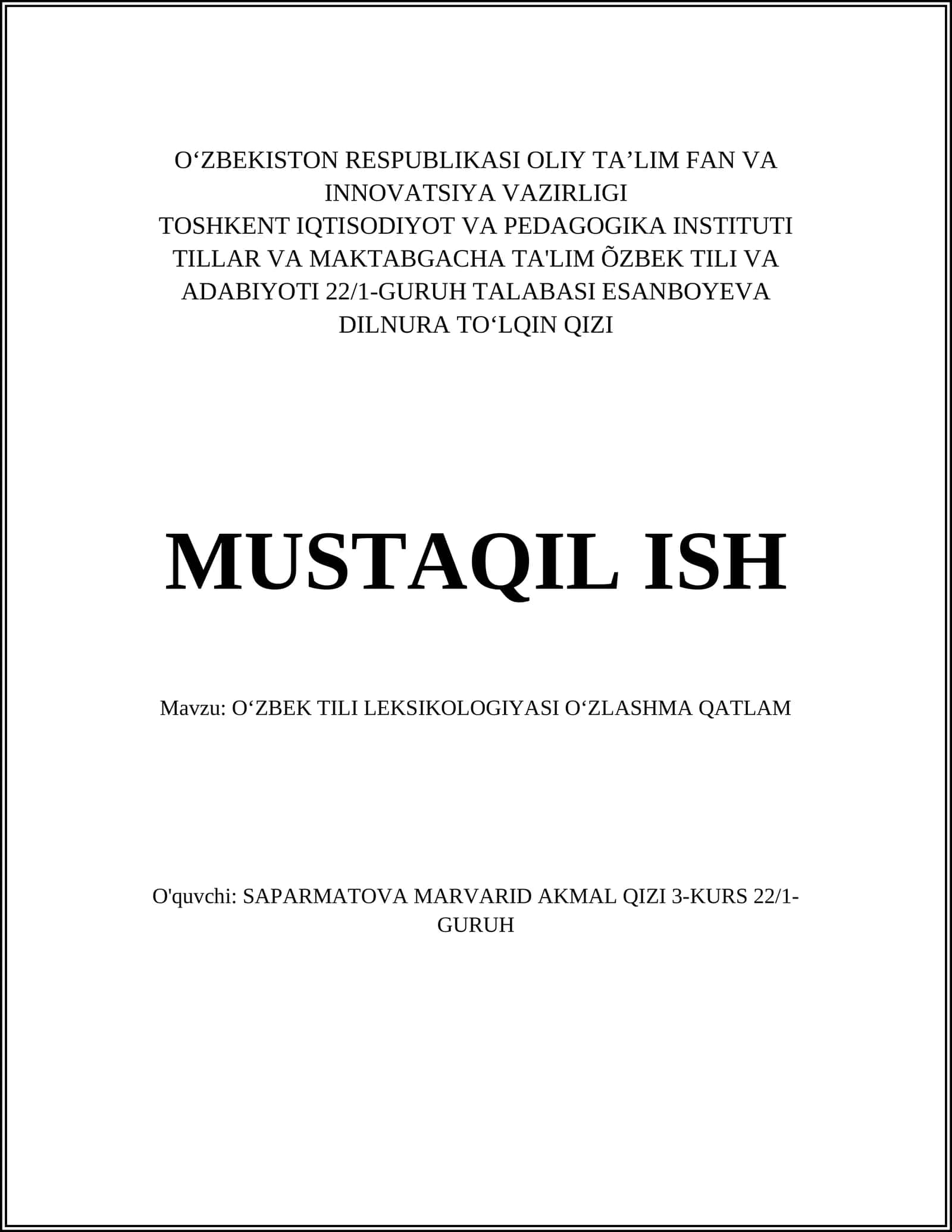 OʻZBEK TILI LEKSIKOLOGIYASI OʻZLASHMA QATLAM