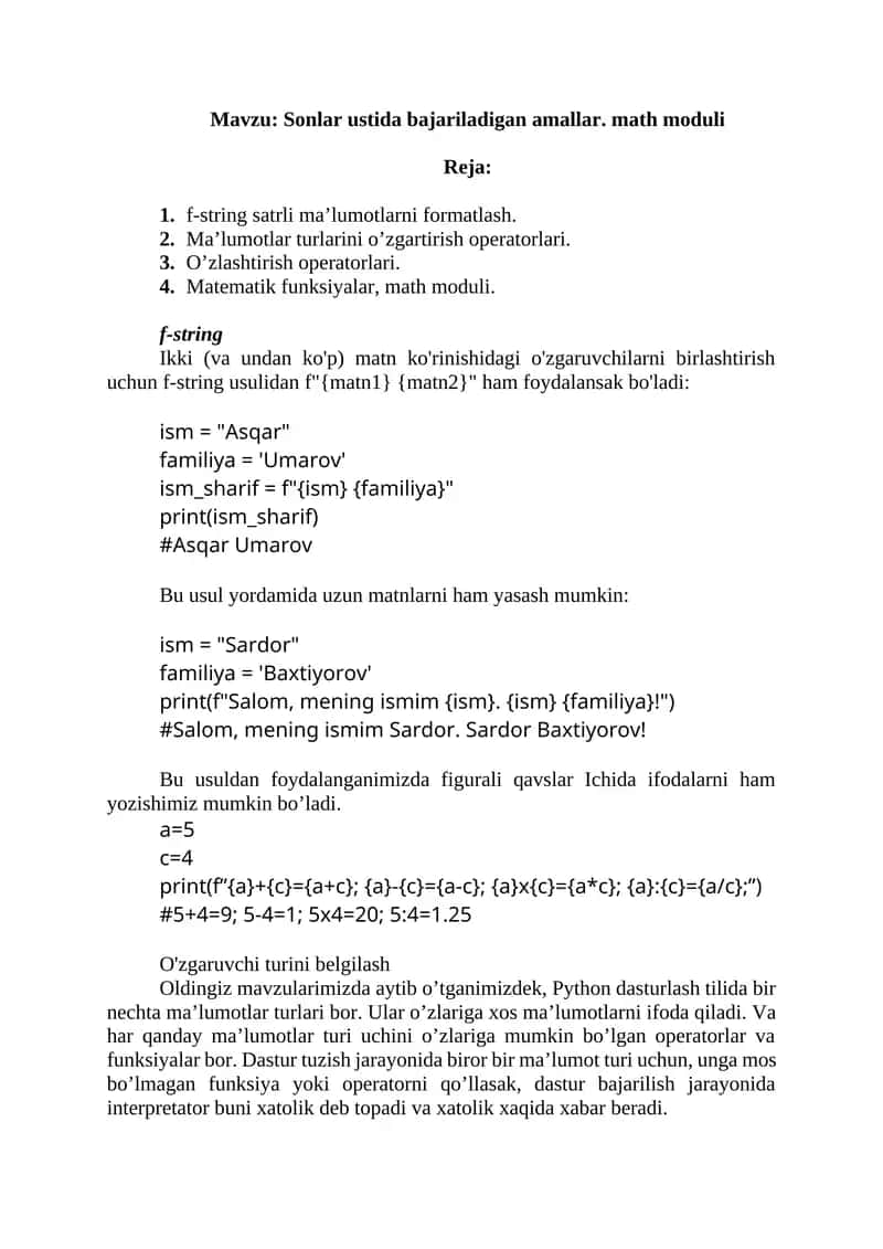 Sonlar ustida bajariladigan amallar. math moduli