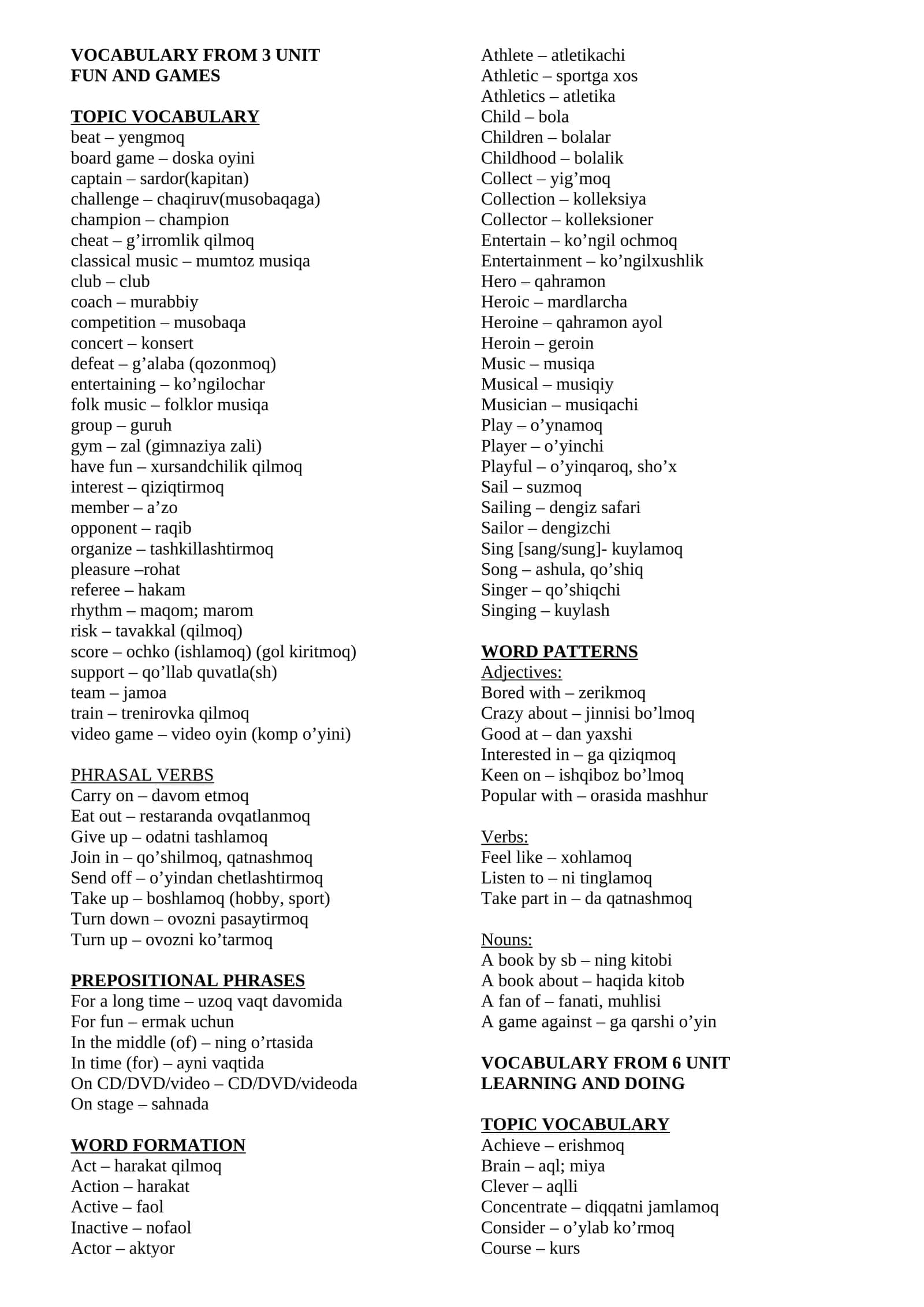VOCABULARY FROM 3 UNIT