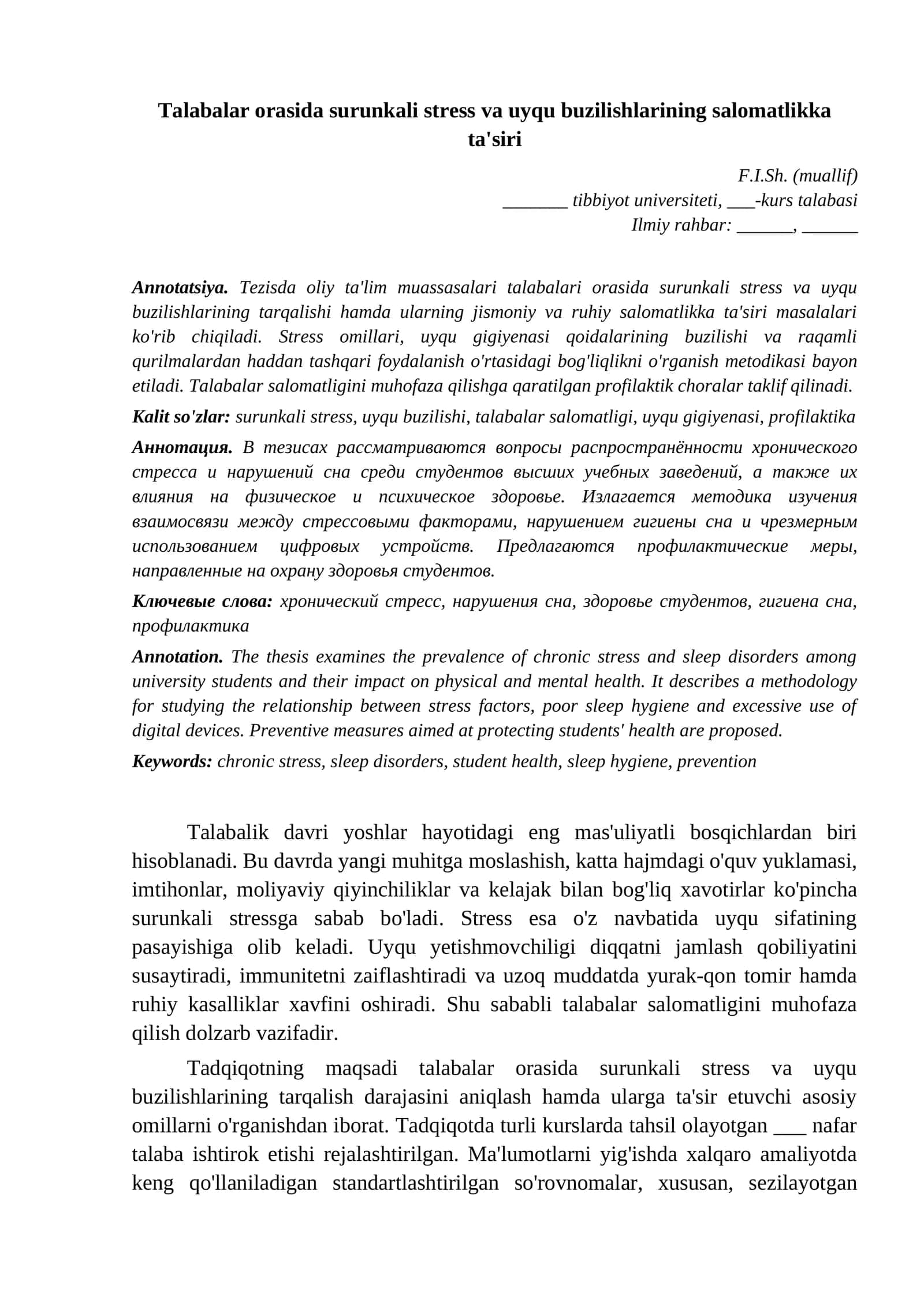 Na'muna tezis 25 Tibbiyot va sogliqni saqlash Talabalar orasida surunkali stress va uyqu buzilishlarining namuna
