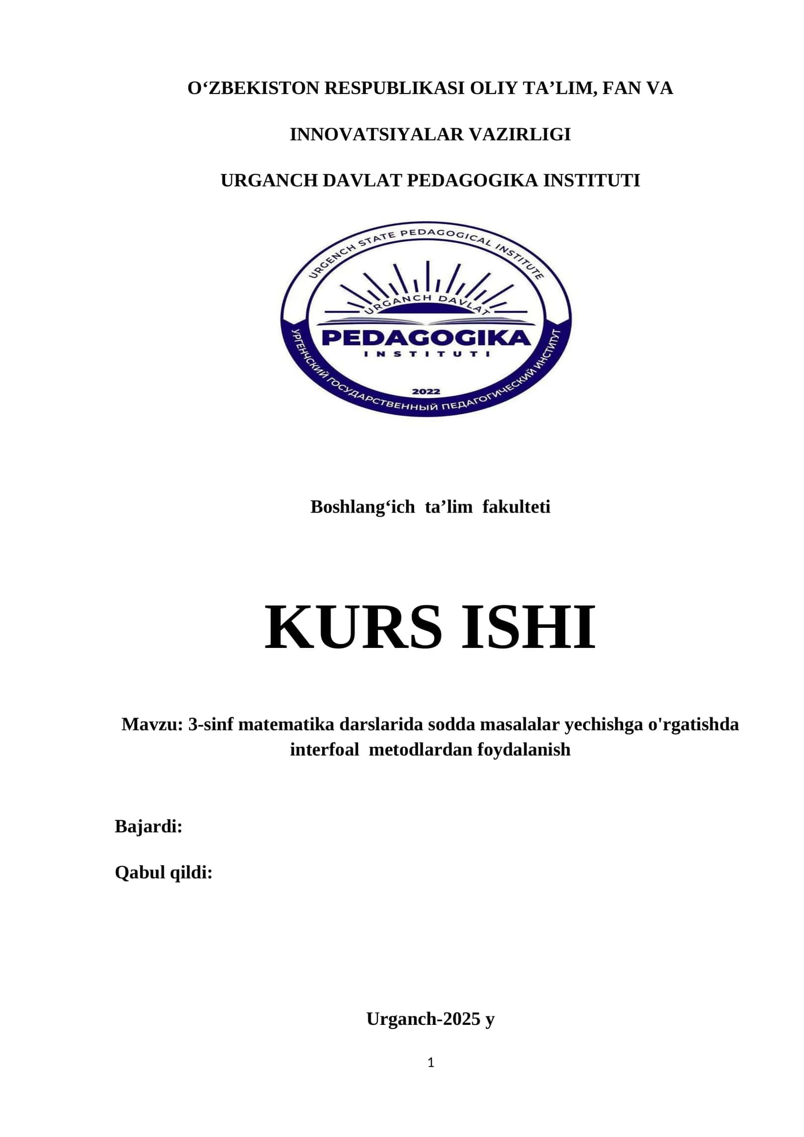3-sinf matematika darslarida sodda masalalar yechishga o'rgatishda interfoal  metodlardan foydalanish