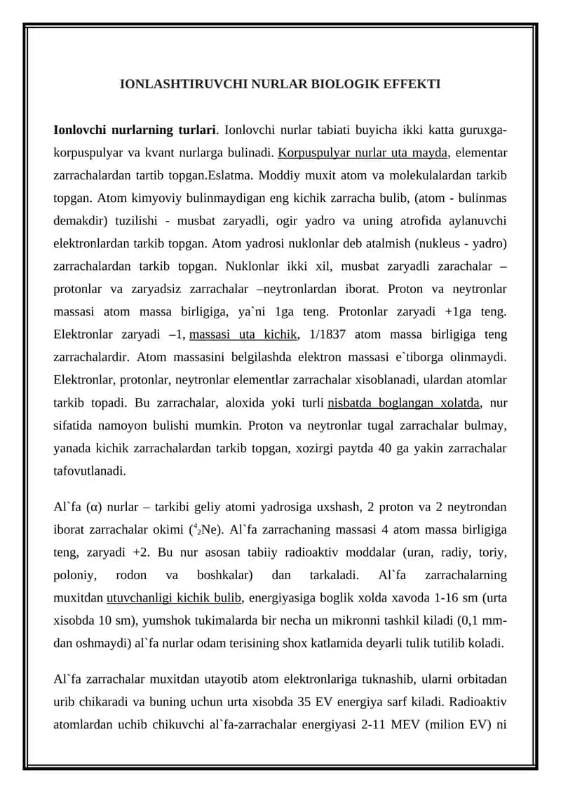 IONLASHTIRUVCHI NURLAR BIOLOGIK EFFEKTI