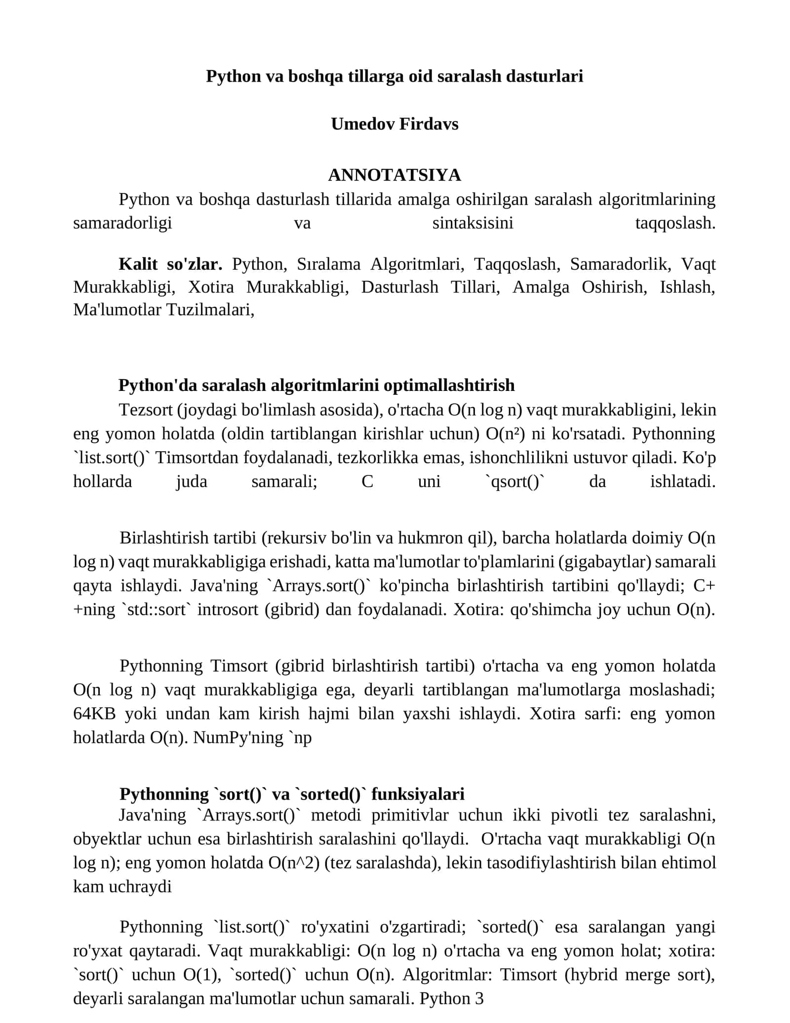 Python va boshqa tillarga oid saralash dasturlari