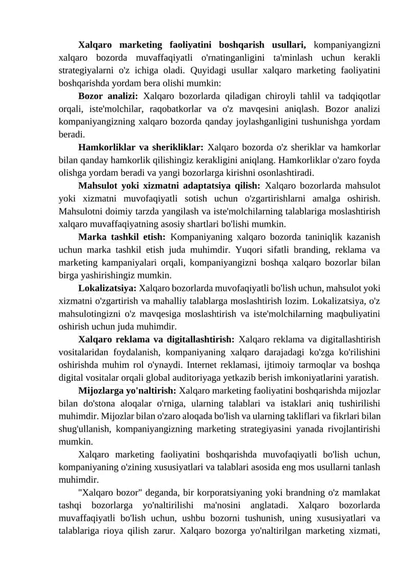 Xalqaro Marketing strategiyalari