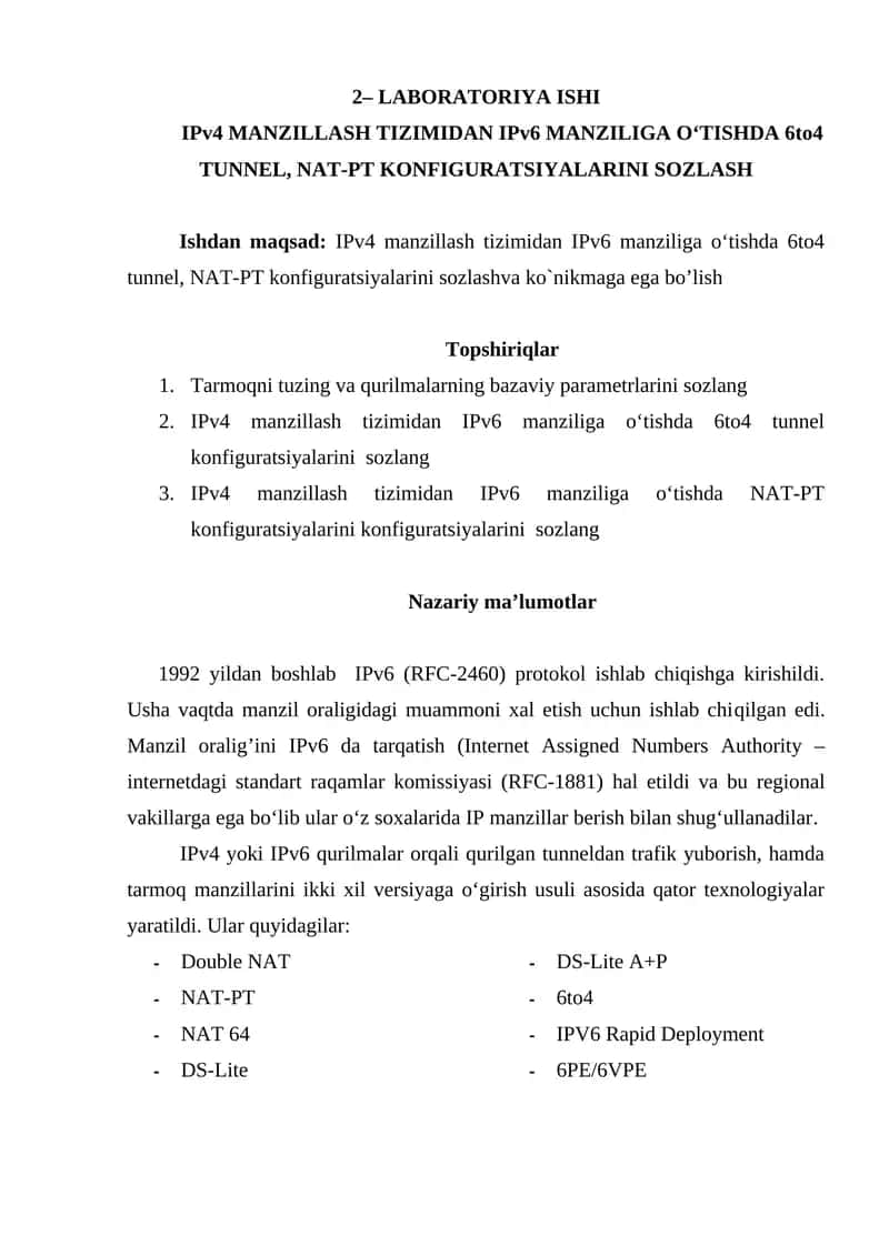 IPv6 Manziliga O‘tishda 6to4 Tunnel, NAT-PT Konfiguratsiyalari