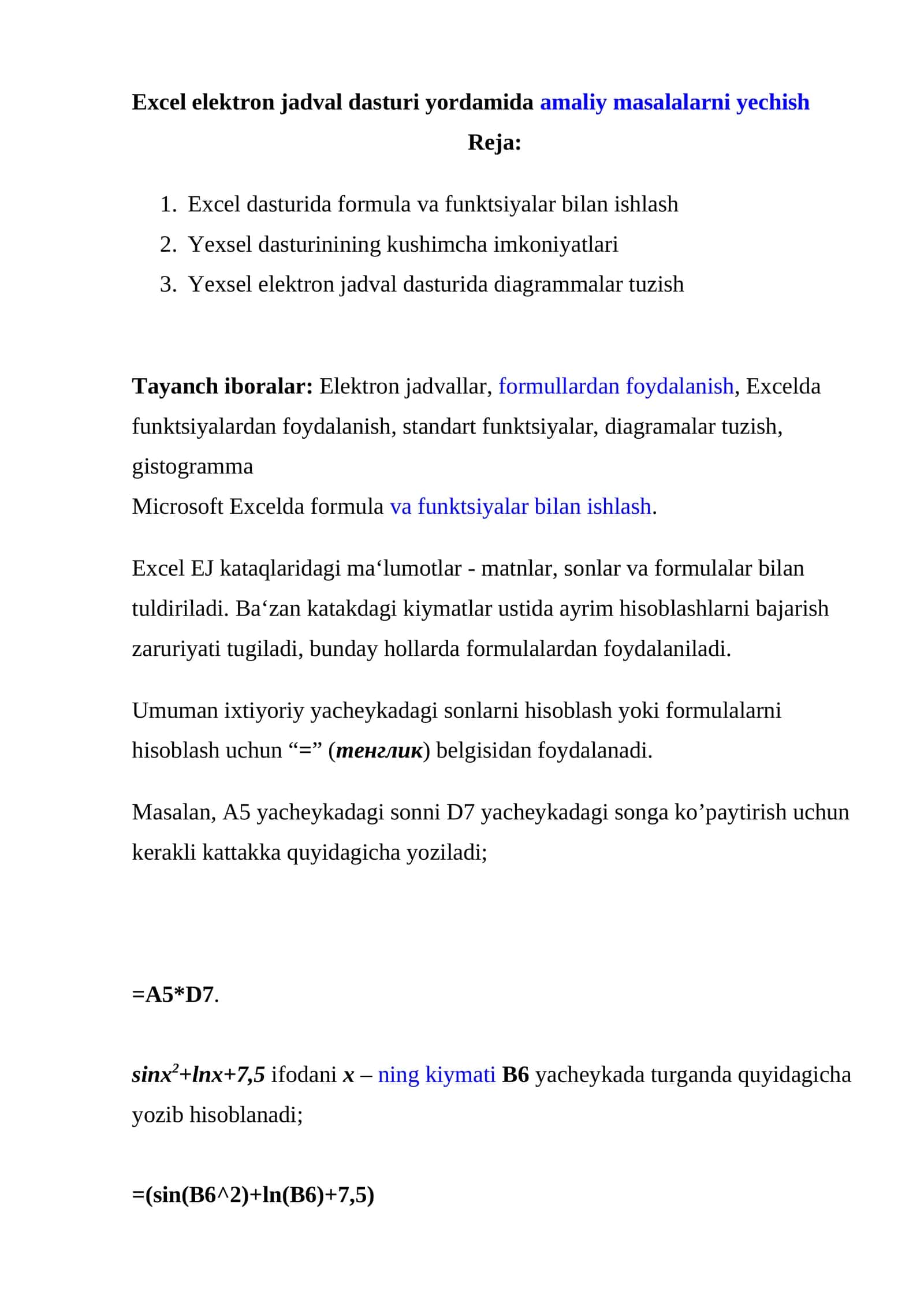 Excel elektron jadval dasturi yordamida amaliy masalalarni yechish