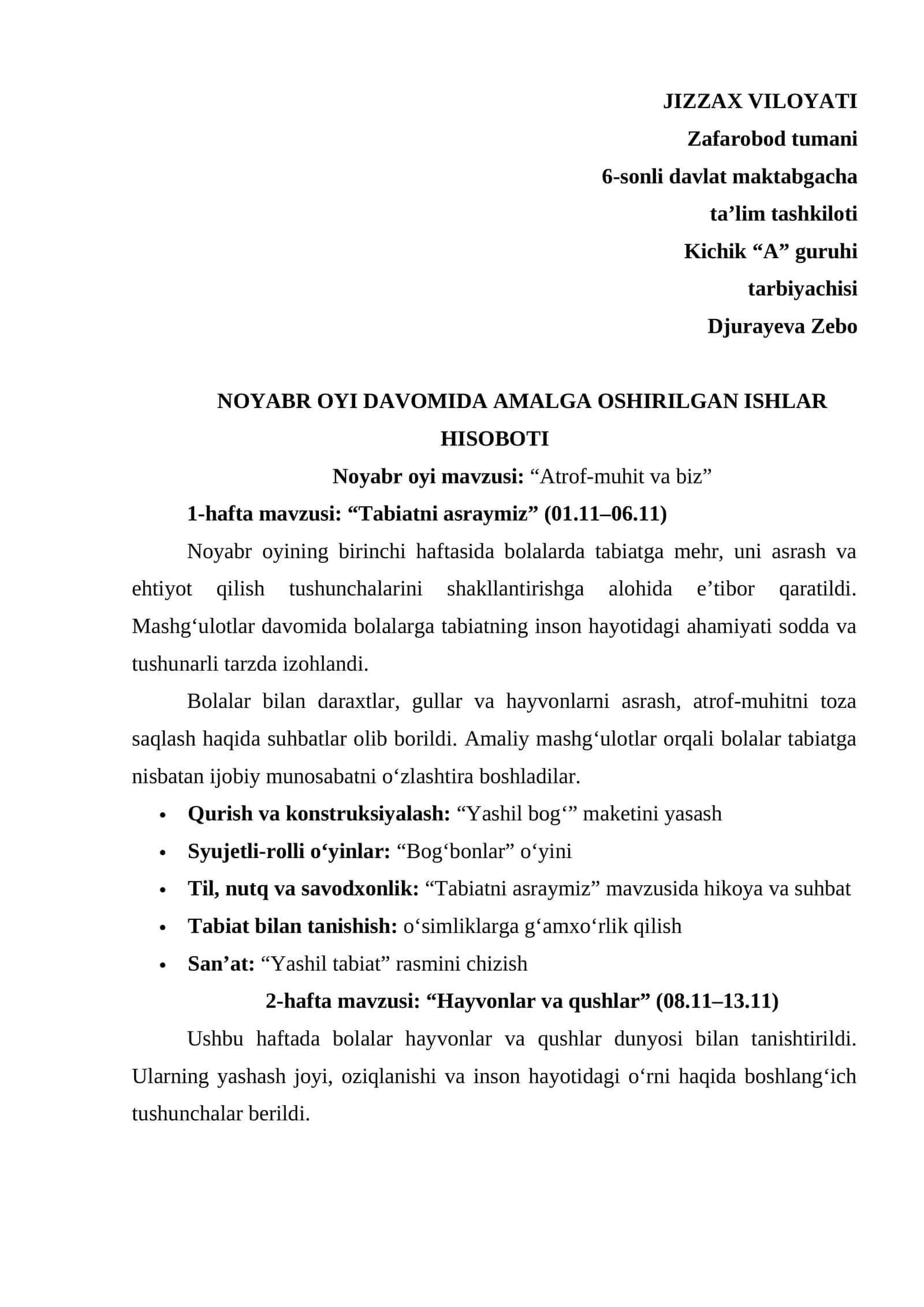 Maktabgacha ta;lim tarbiyachisi uchun Noyabr hisoboti