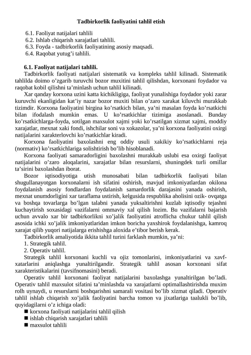 Tadbirkorlik faoliyatini tahlil etish