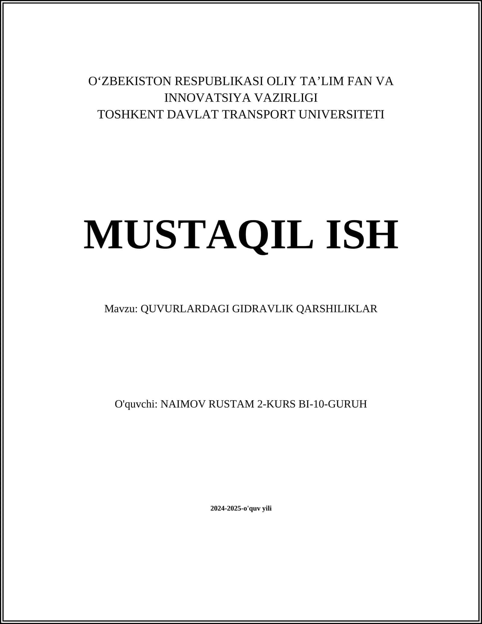 QUVURLARDAGI GIDRAVLIK QARSHILIKLAR