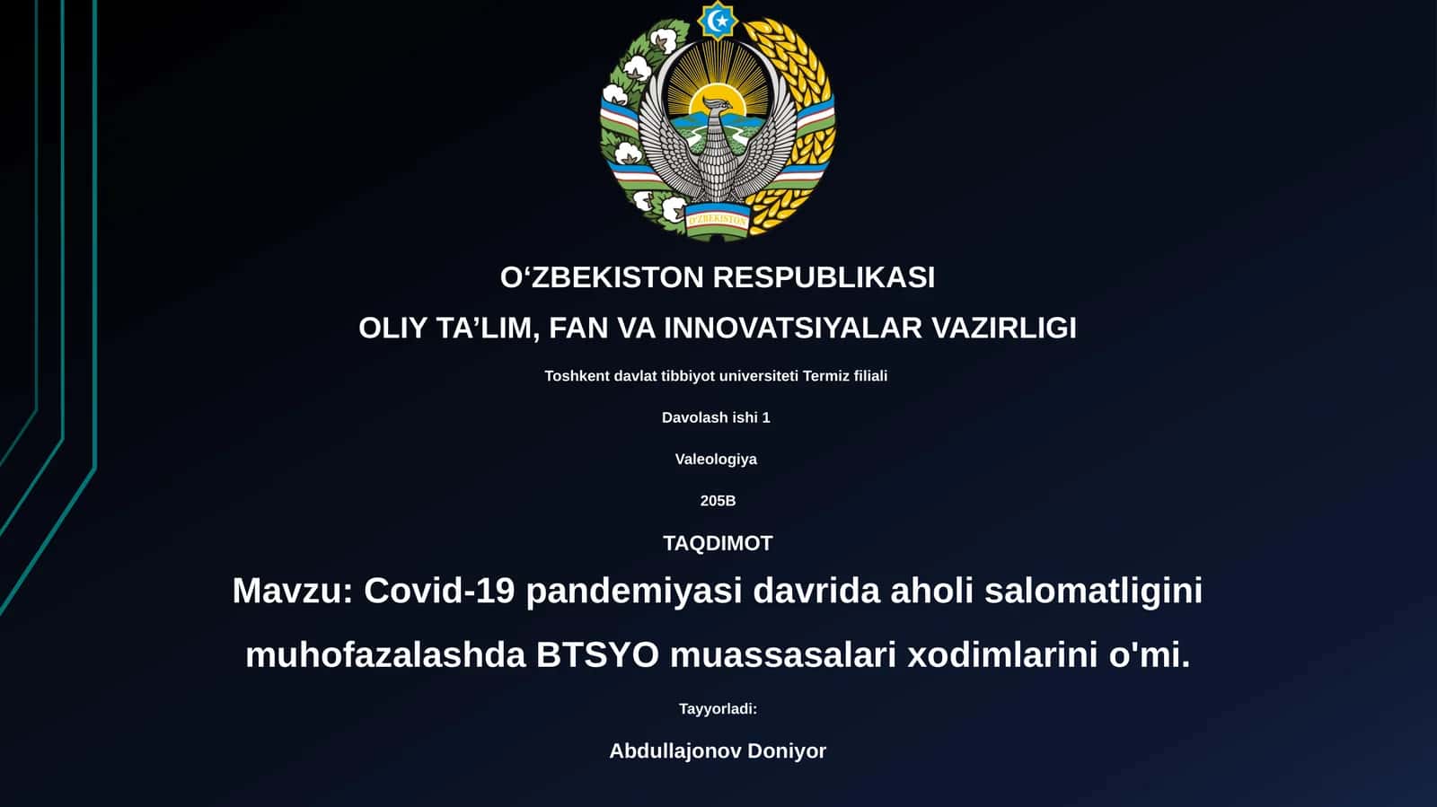 Covid-19 pandemiyasi davrida aholi salomatligini muhofazalashda BTSYO muassasalari xodimlarini o'mi.