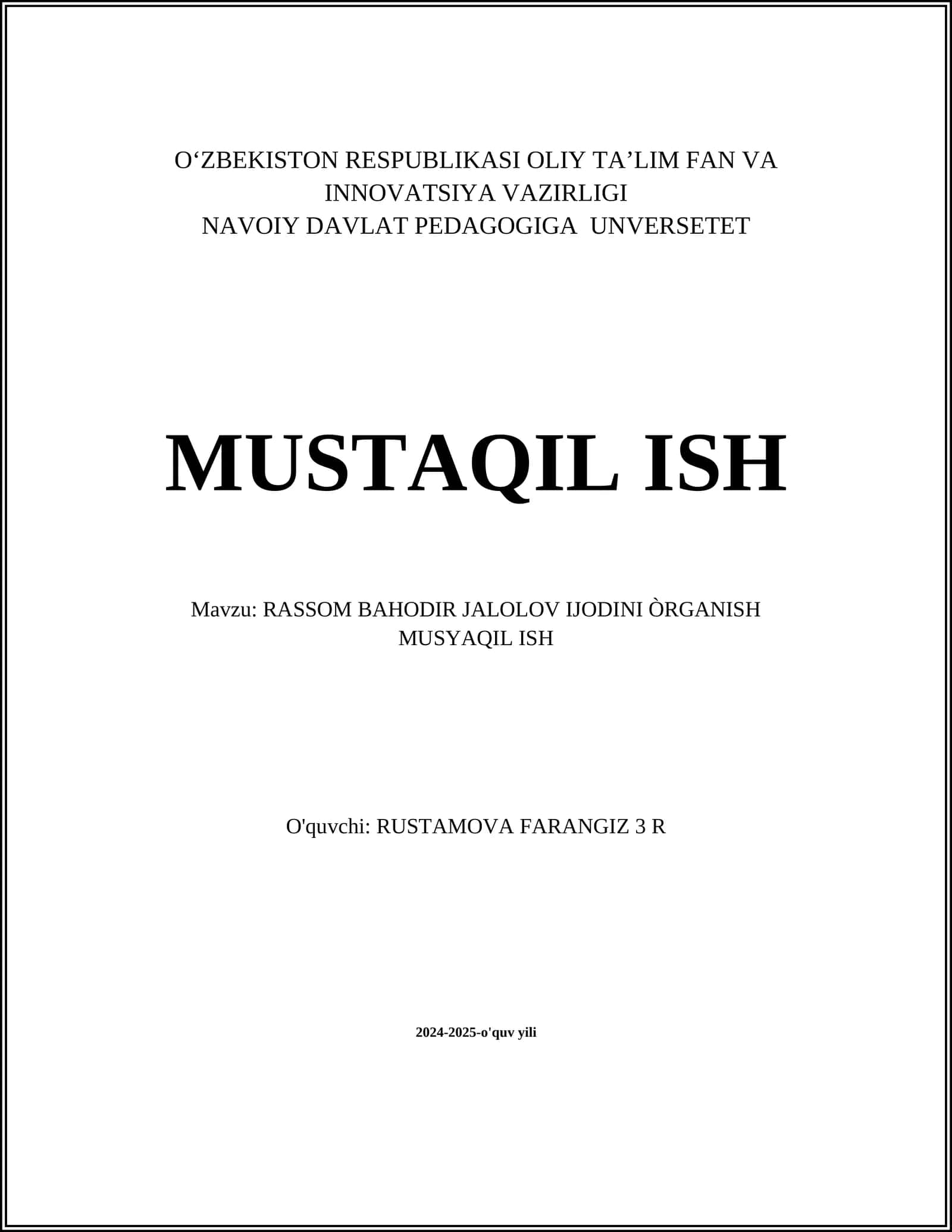 RASSOM BAHODIR JALOLOV IJODINI ÒRGANISH MUSYAQIL ISH