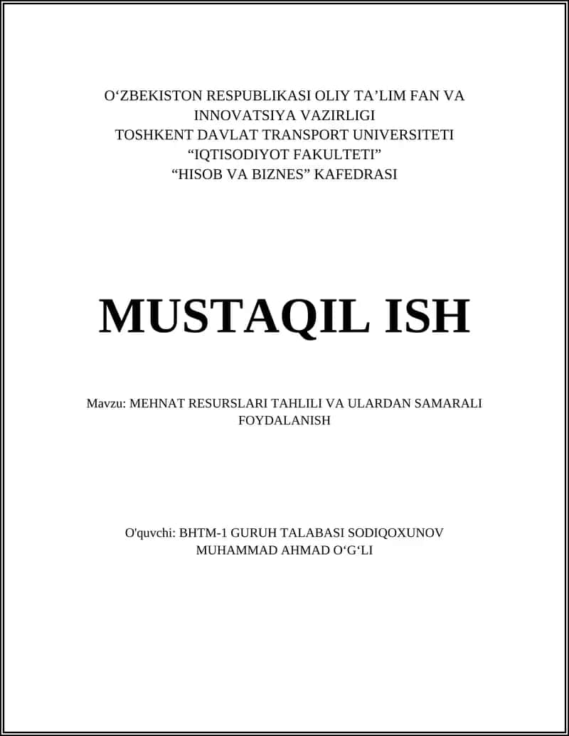 MEHNAT RESURSLARI TAHLILI VA ULARDAN SAMARALI FOYDALANISH