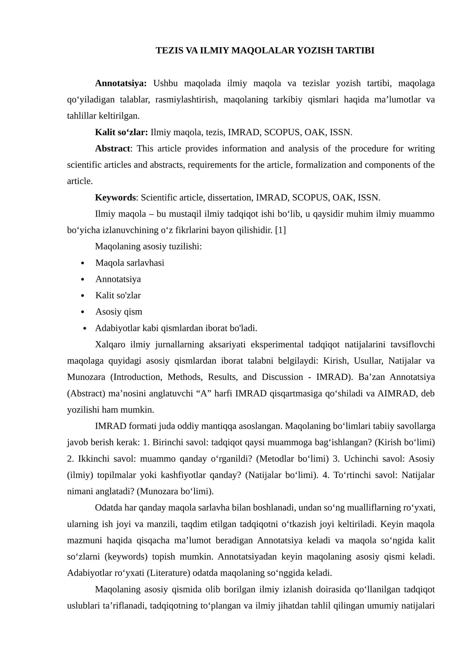 TEZIS VA ILMIY MAQOLALAR YOZISH TARTIBI