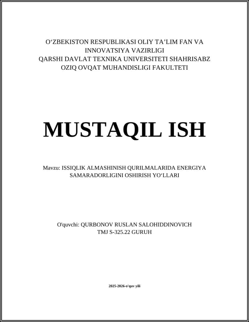 ISSIQLIK ALMASHINISH QURILMALARIDA ENERGIYA SAMARADORLIGINI OSHIRISH YOʻLLARI