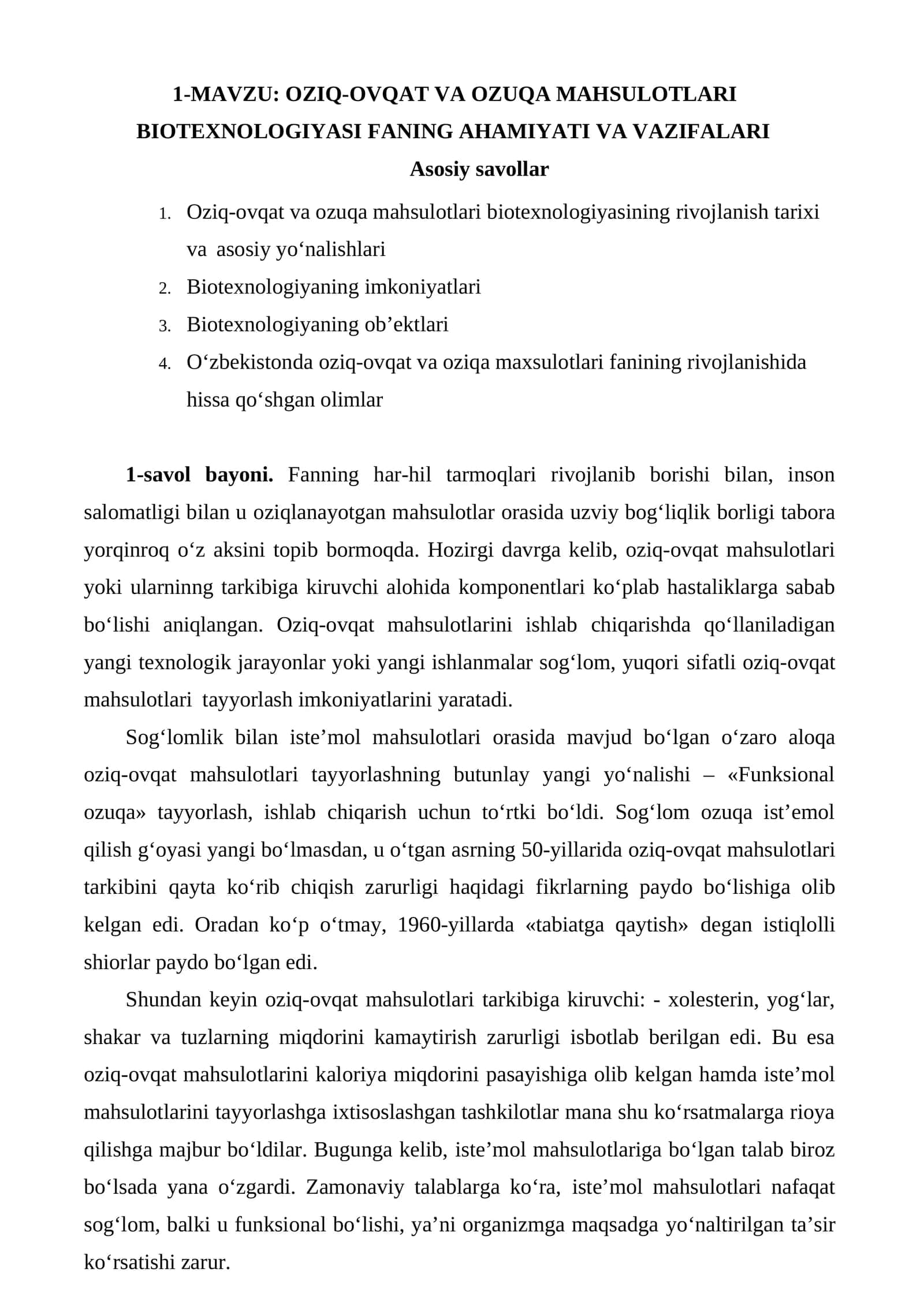 OZIQ-OVQAT VA OZUQA MAHSULOTLARI BIOTEXNOLOGIYASI FANING AHAMIYATI VA VAZIFALARI