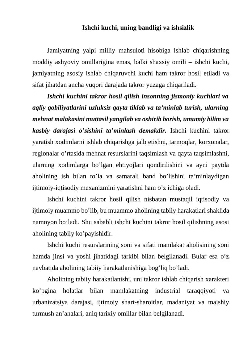 Ishchi kuchi, uning bandligi va ishsizlik