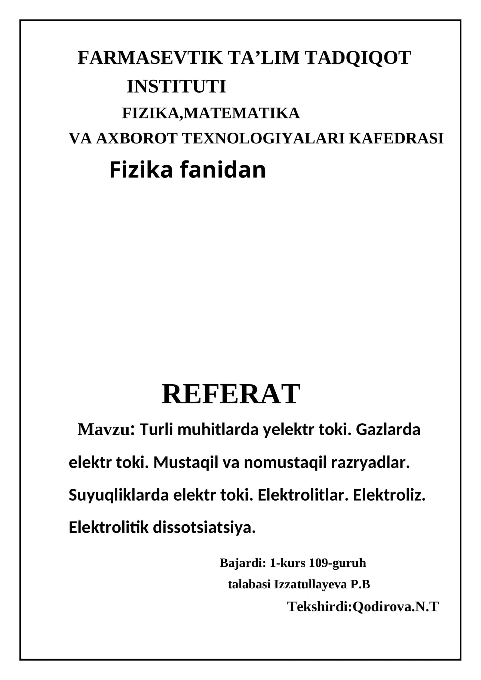 Fizika fanidan Referat
