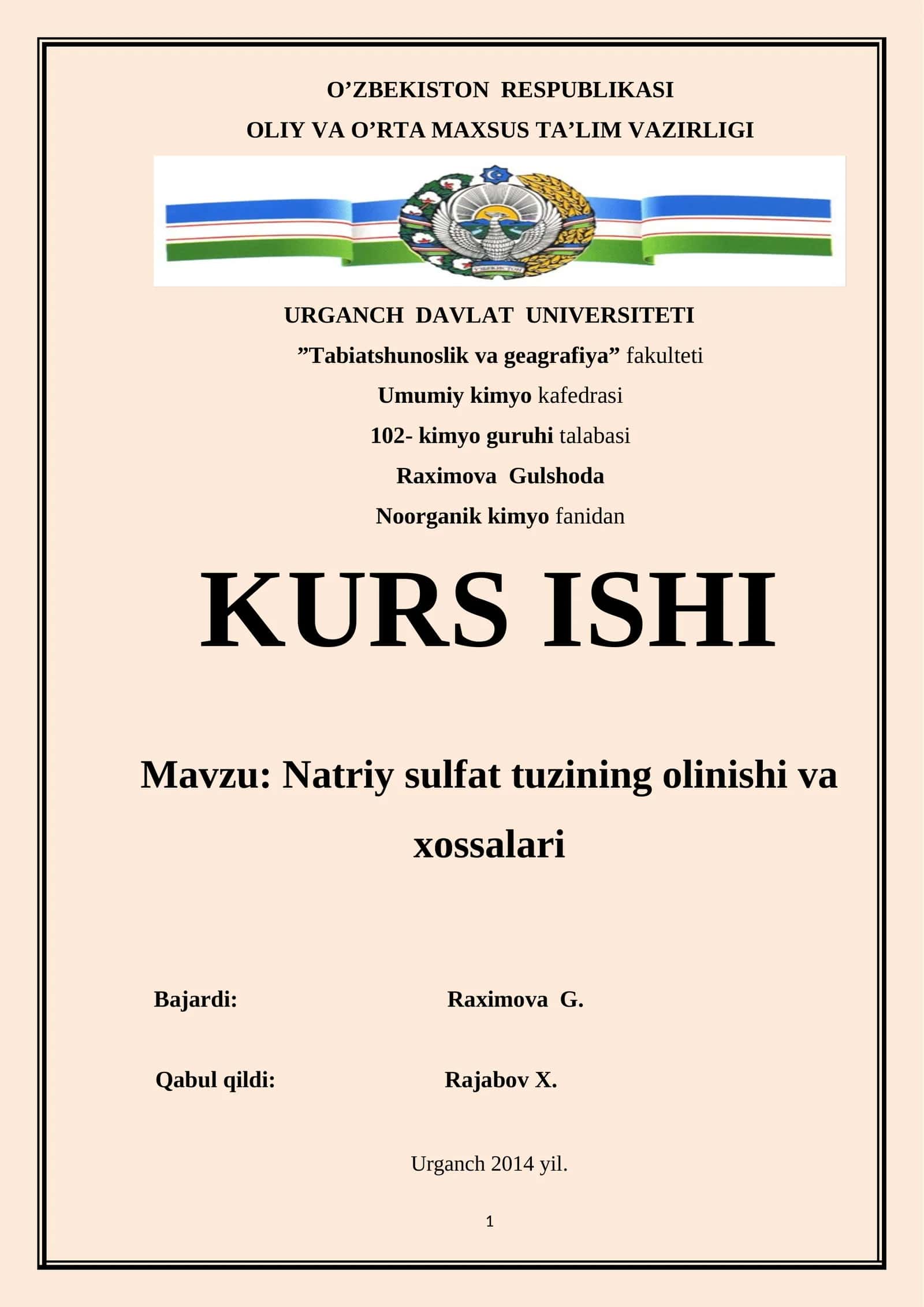 Natriy sulfat tuzining olinishi va xossalari