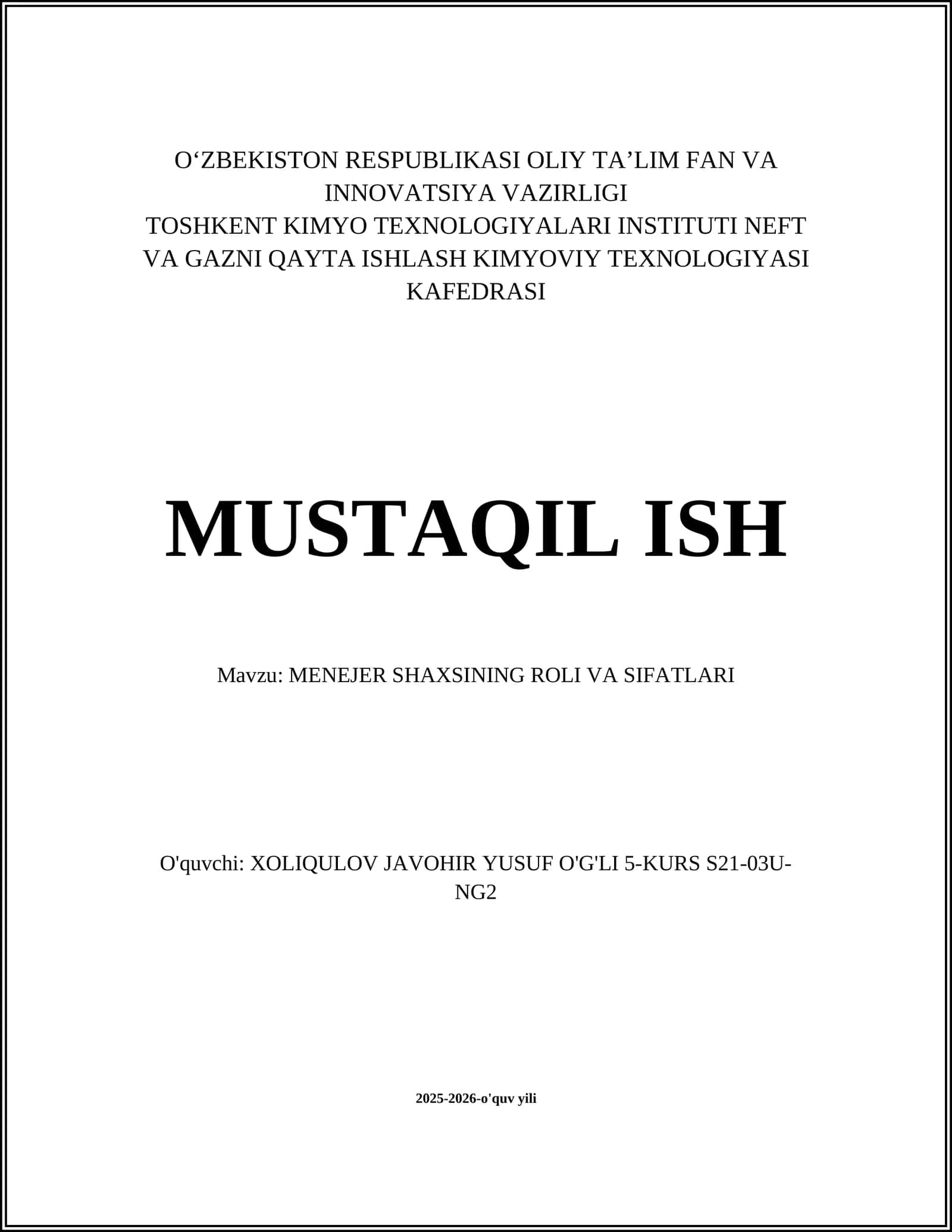MENEJER SHAXSINING ROLI VA SIFATLARI