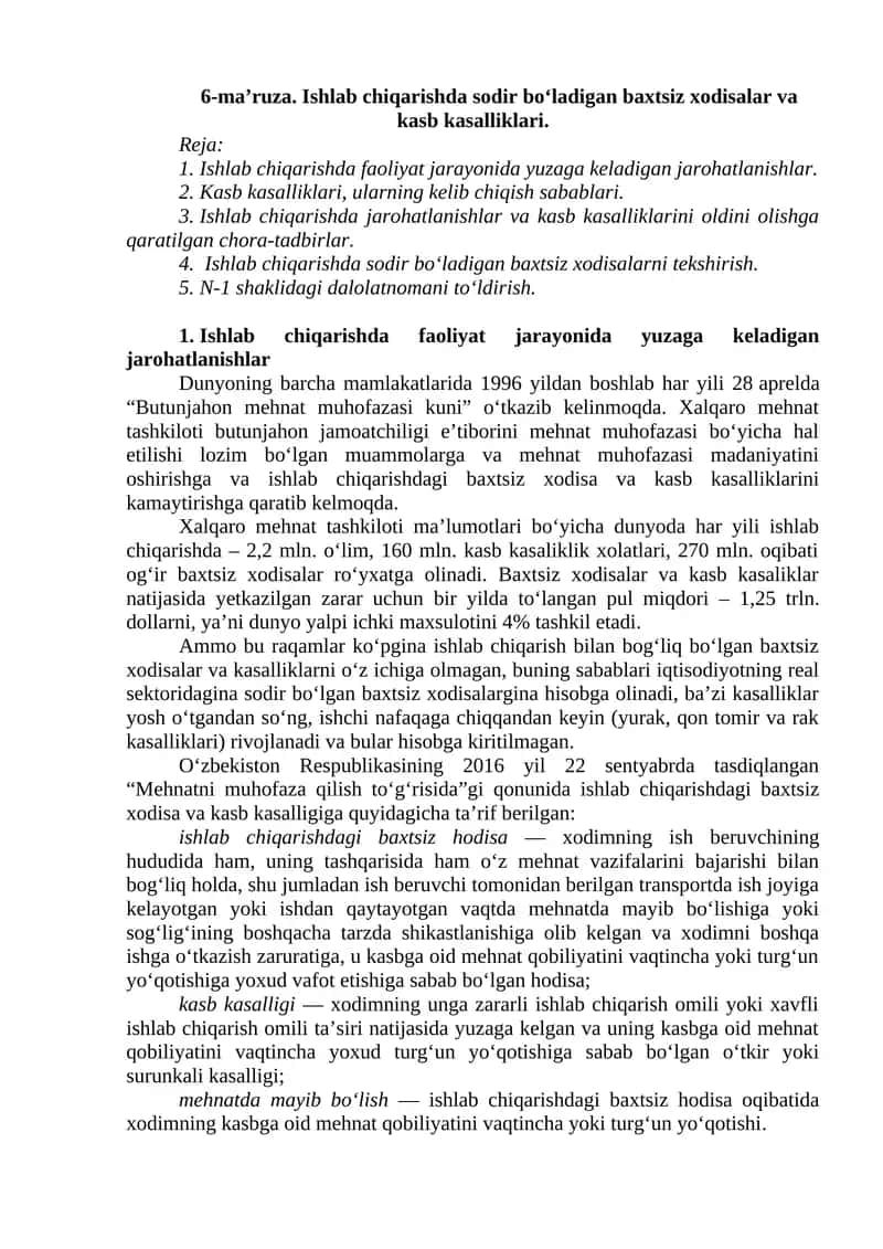 Baxtsiz Xodisalar va Kasb Kasalliklari
