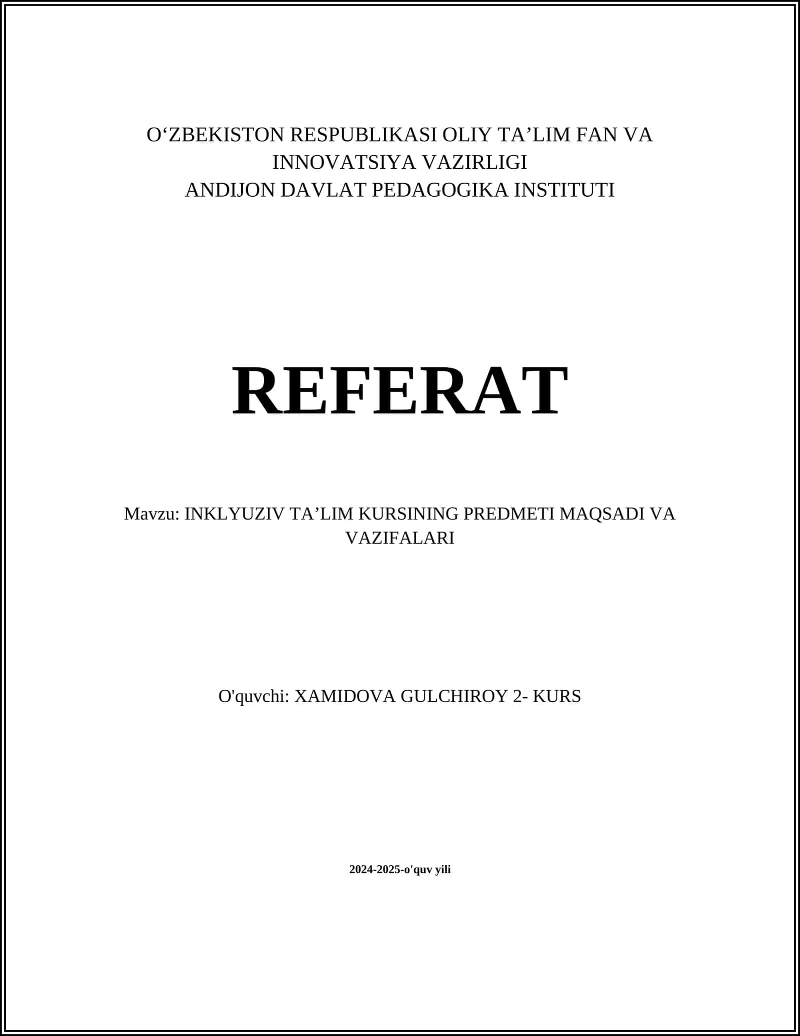 INKLYUZIV TAʼLIM KURSINING PREDMETI MAQSADI VA VAZIFALARI