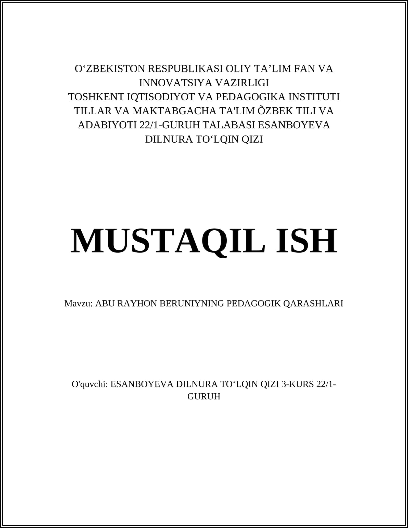 ABU RAYHON BERUNIYNING PEDAGOGIK QARASHLARI