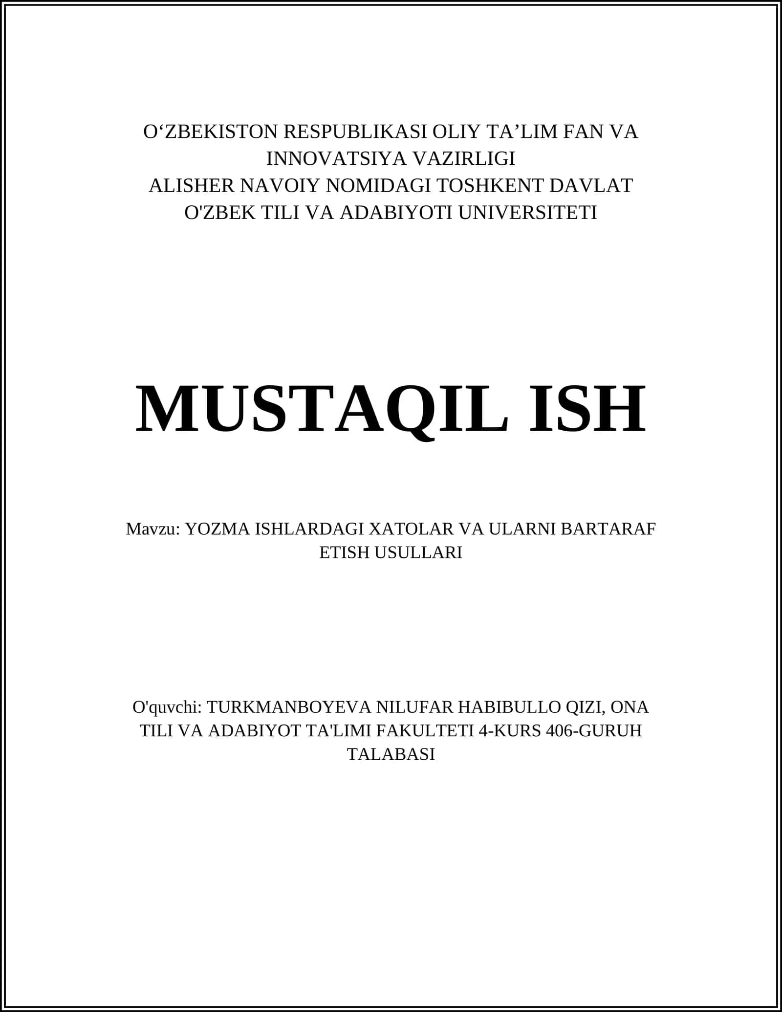 YOZMA ISHLARDAGI XATOLAR VA ULARNI BARTARAF ETISH USULLARI