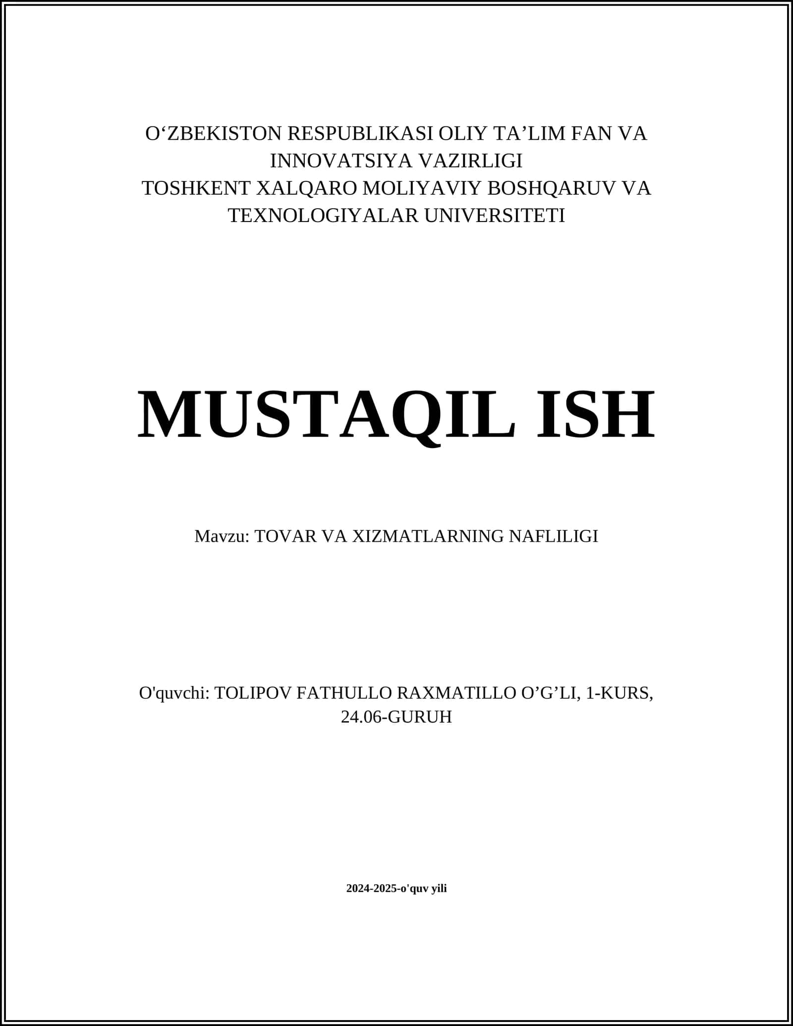 TOVAR VA XIZMATLARNING NAFLILIGI