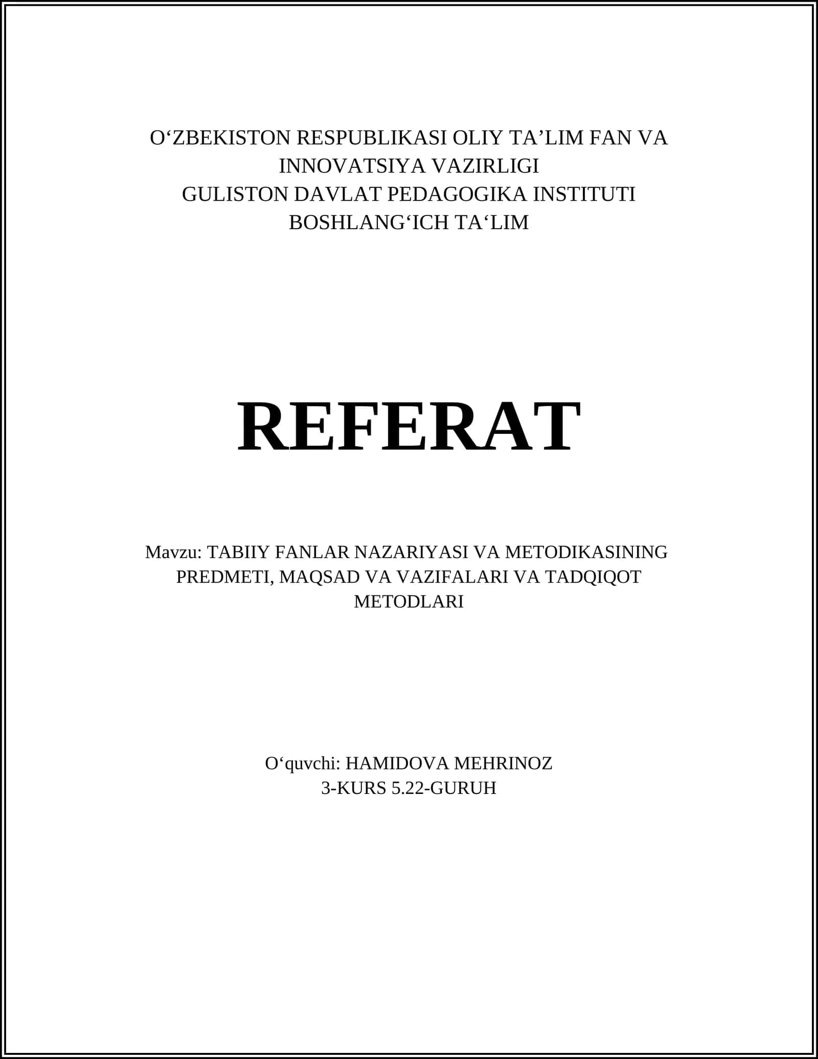 TABIIY FANLAR NAZARIYASI VA METODIKASINING PREDMETI