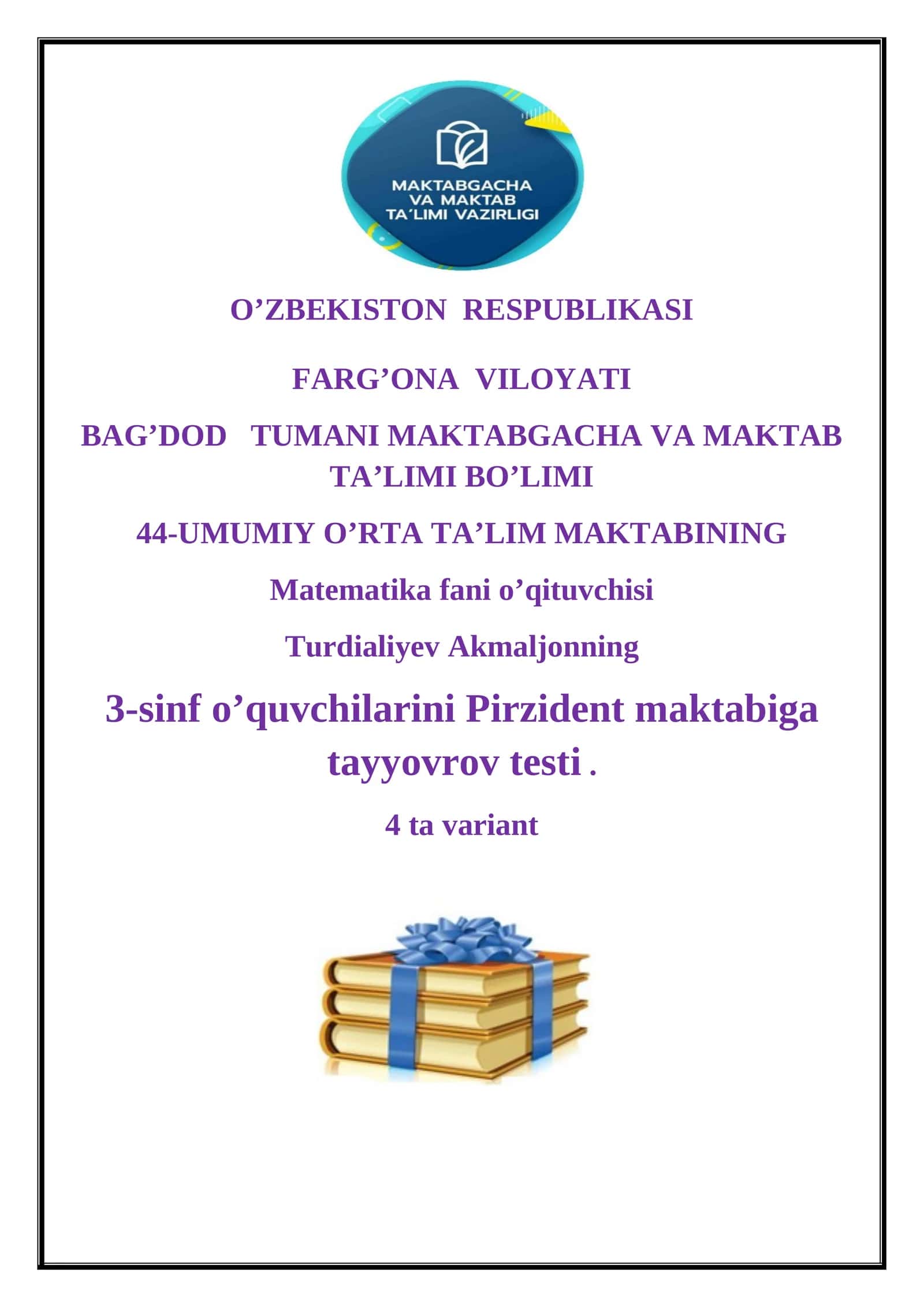 3-SINMATEMATIKA FANIDAN  CHORAK UCHUN TESTI