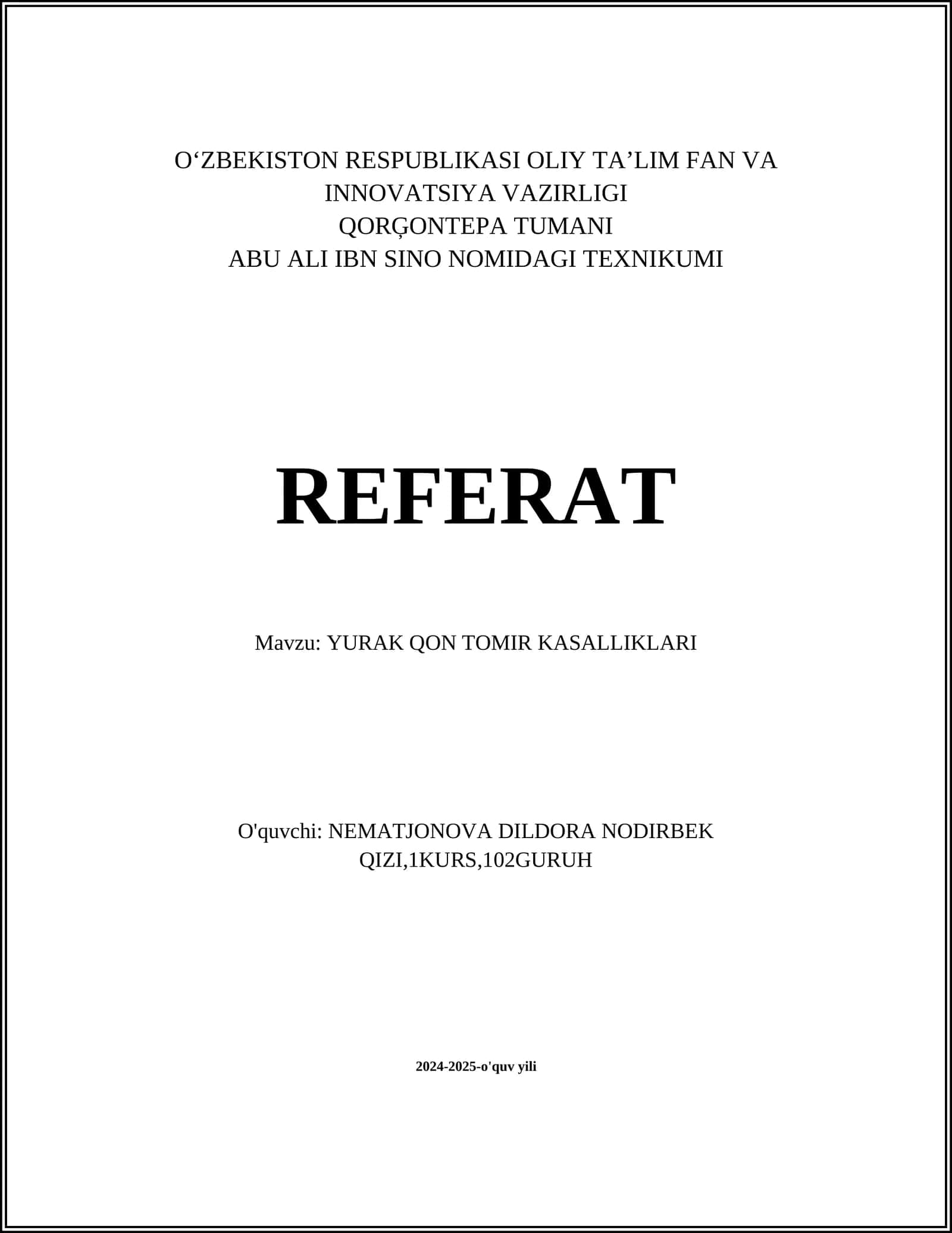 YURAK QON TOMIR KASALLIKLARI REFERAT